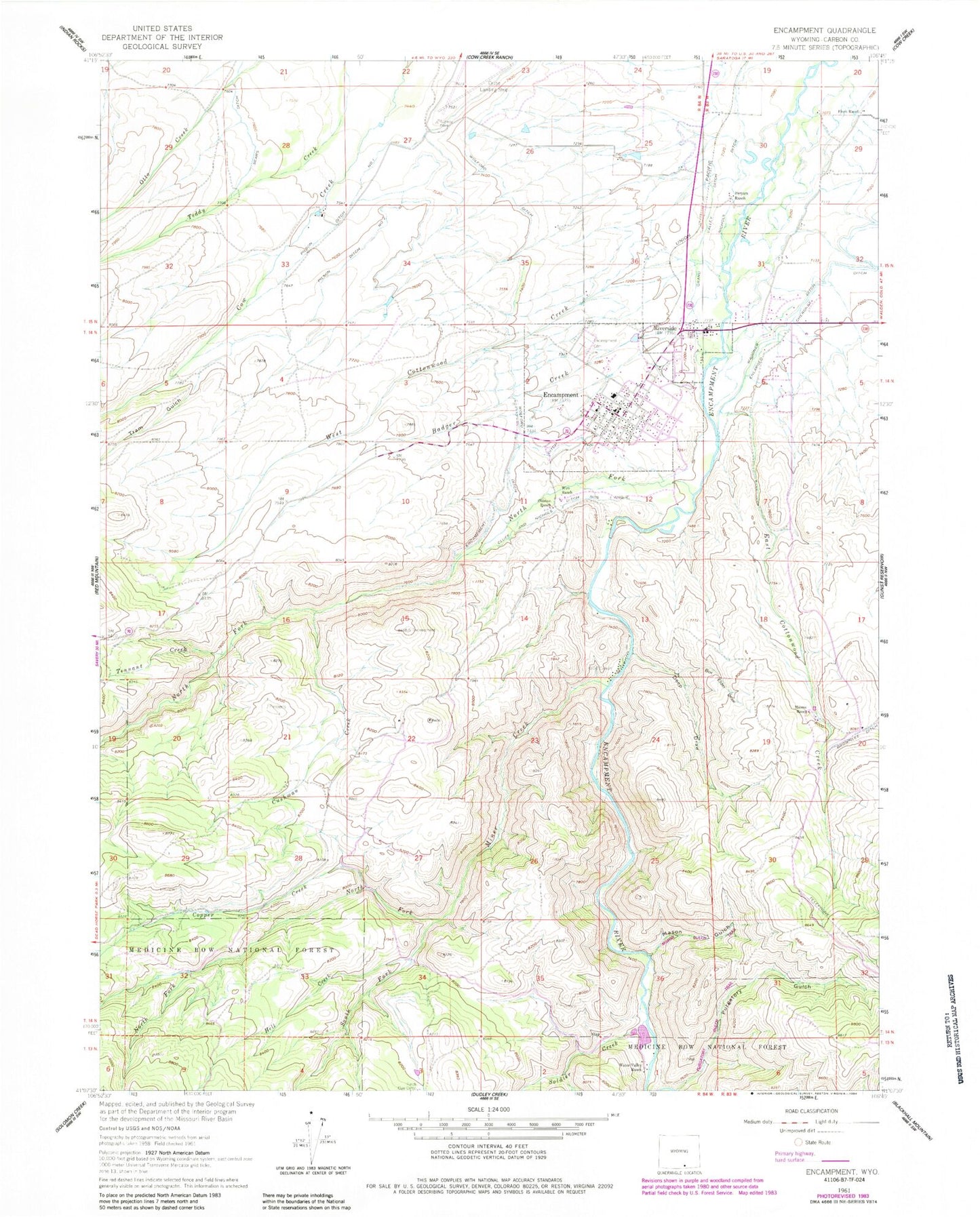 Classic USGS Encampment Wyoming 7.5'x7.5' Topo Map Image