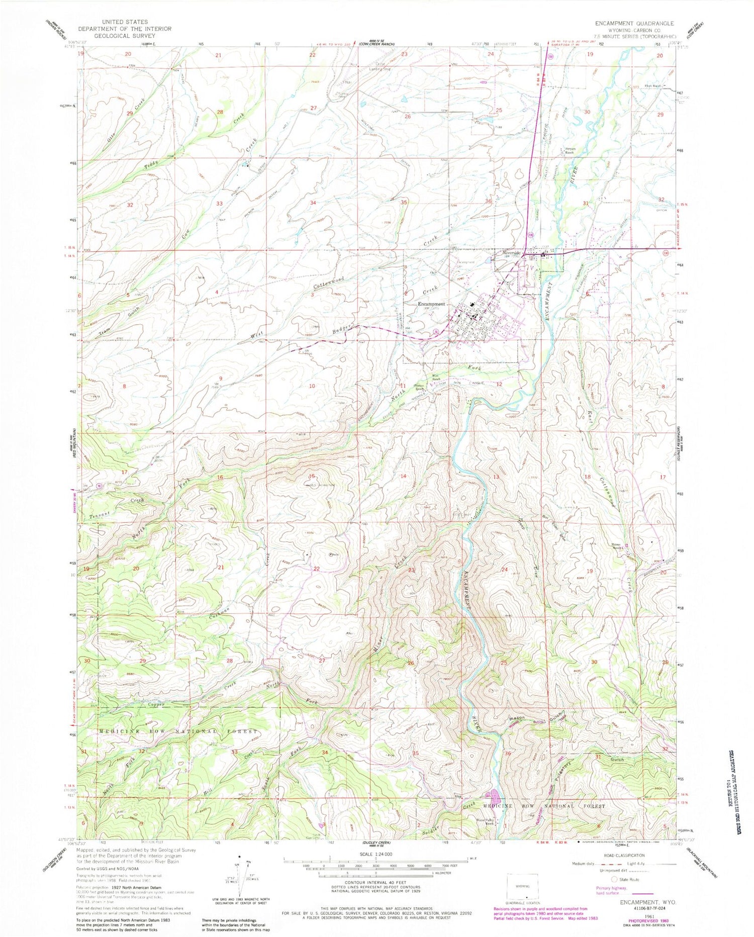 Classic USGS Encampment Wyoming 7.5'x7.5' Topo Map Image