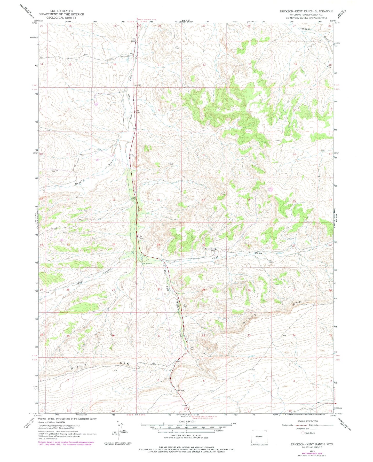 Classic USGS Erickson-Kent Ranch Wyoming 7.5'x7.5' Topo Map Image