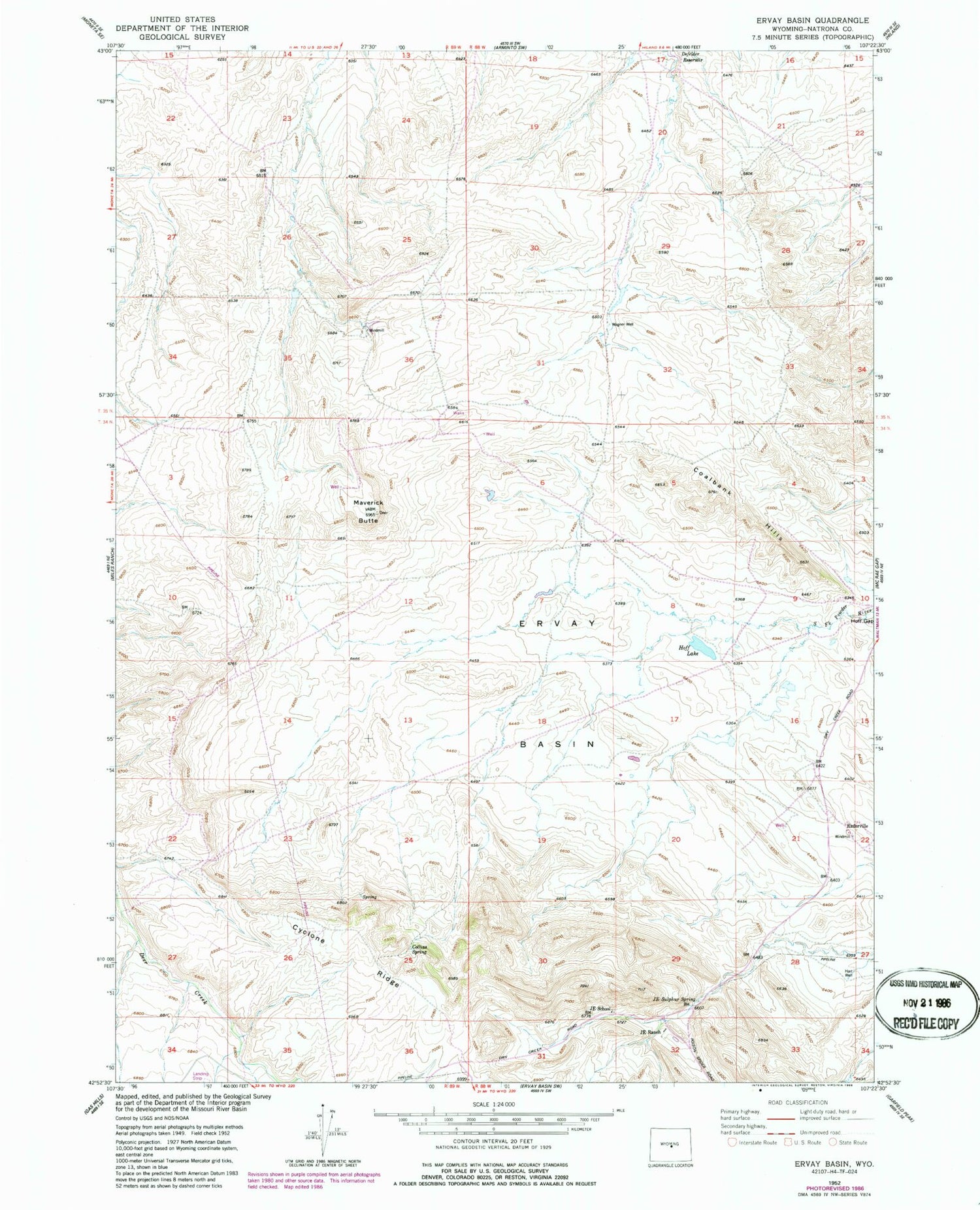 Classic USGS Ervay Basin Wyoming 7.5'x7.5' Topo Map Image