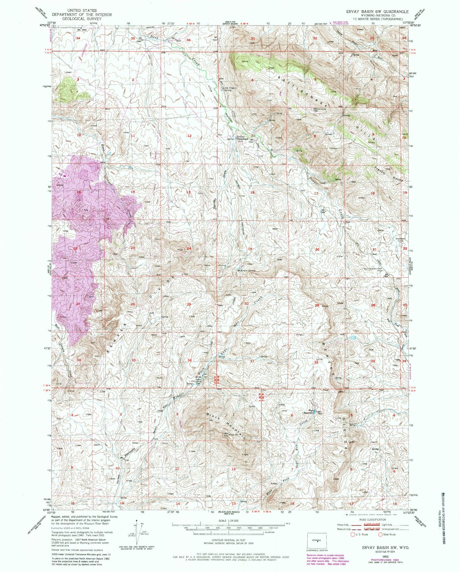 Classic USGS Ervay Basin SW Wyoming 7.5'x7.5' Topo Map Image