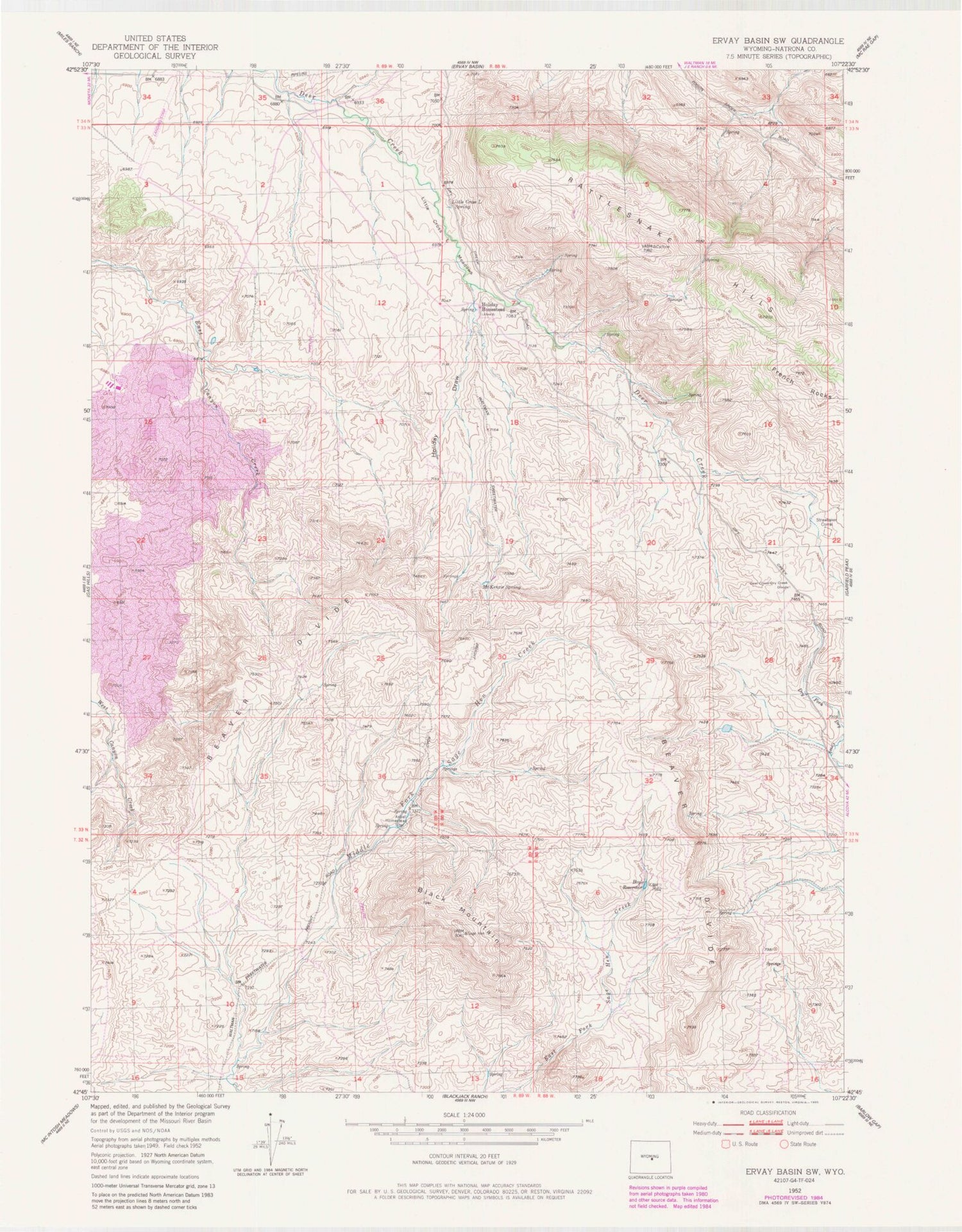 Classic USGS Ervay Basin SW Wyoming 7.5'x7.5' Topo Map Image