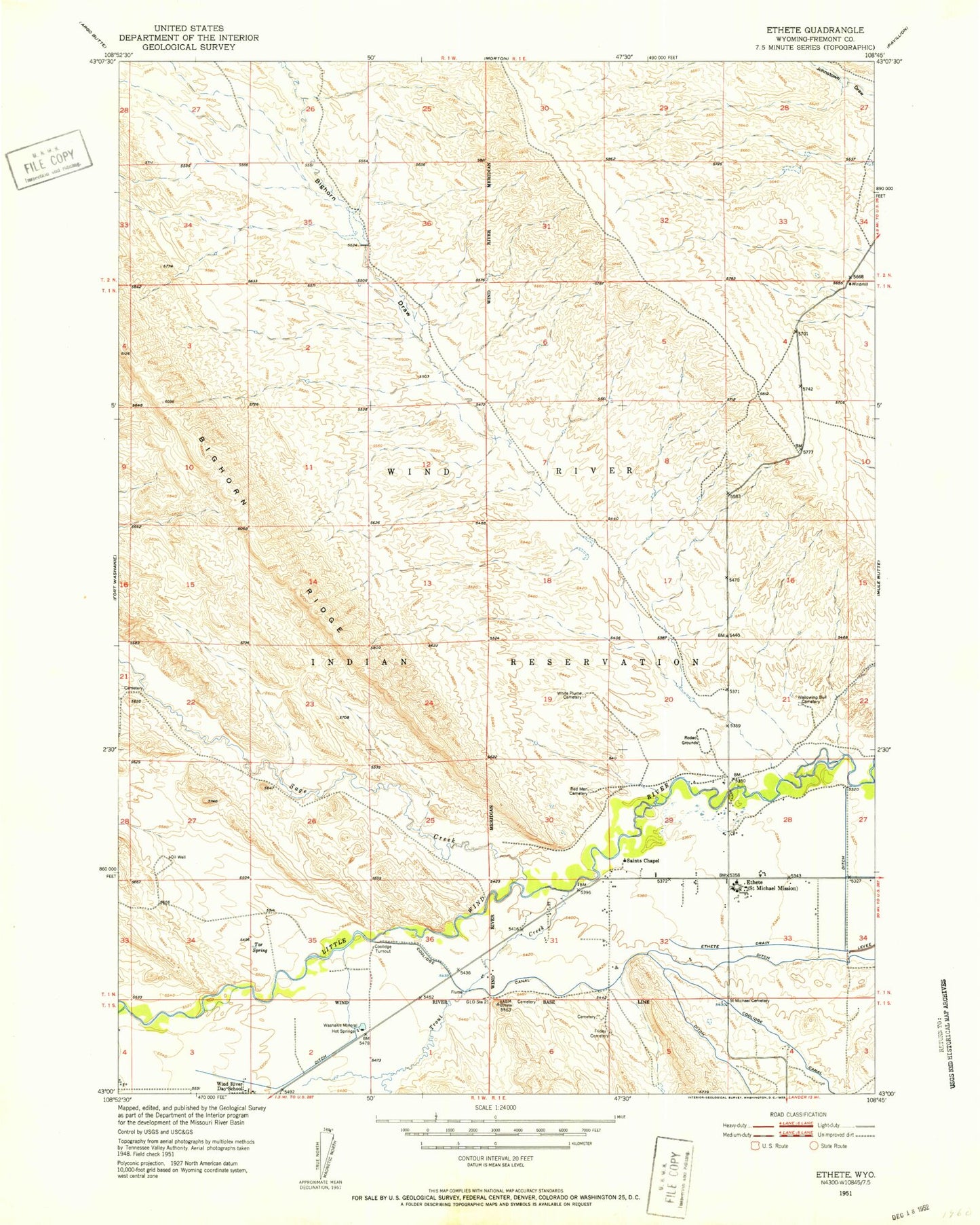 Classic USGS Ethete Wyoming 7.5'x7.5' Topo Map Image