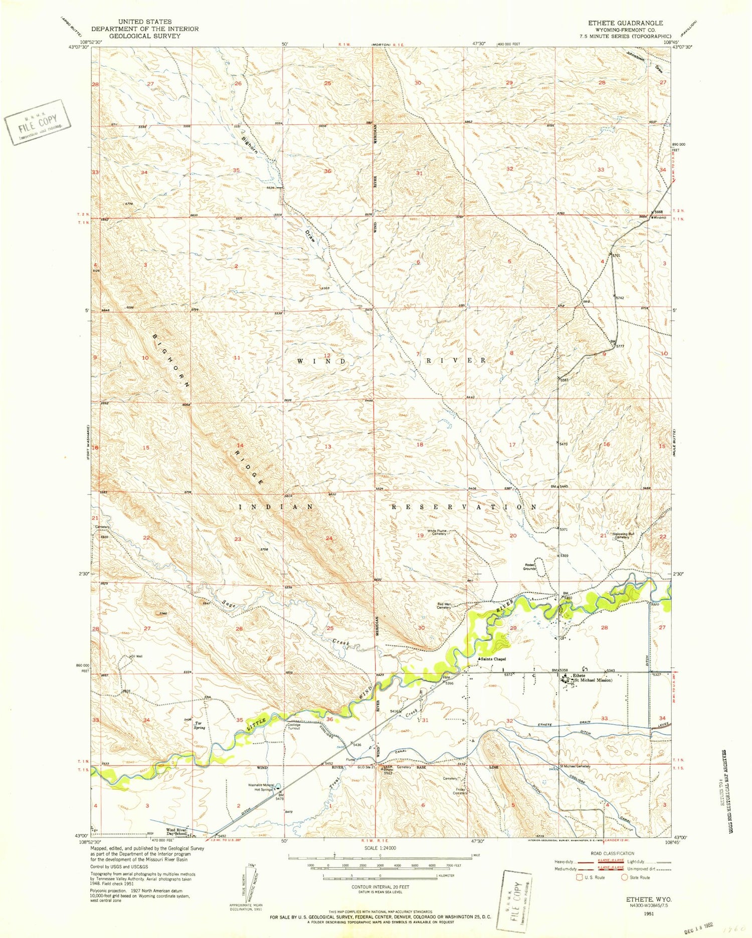 Classic USGS Ethete Wyoming 7.5'x7.5' Topo Map Image