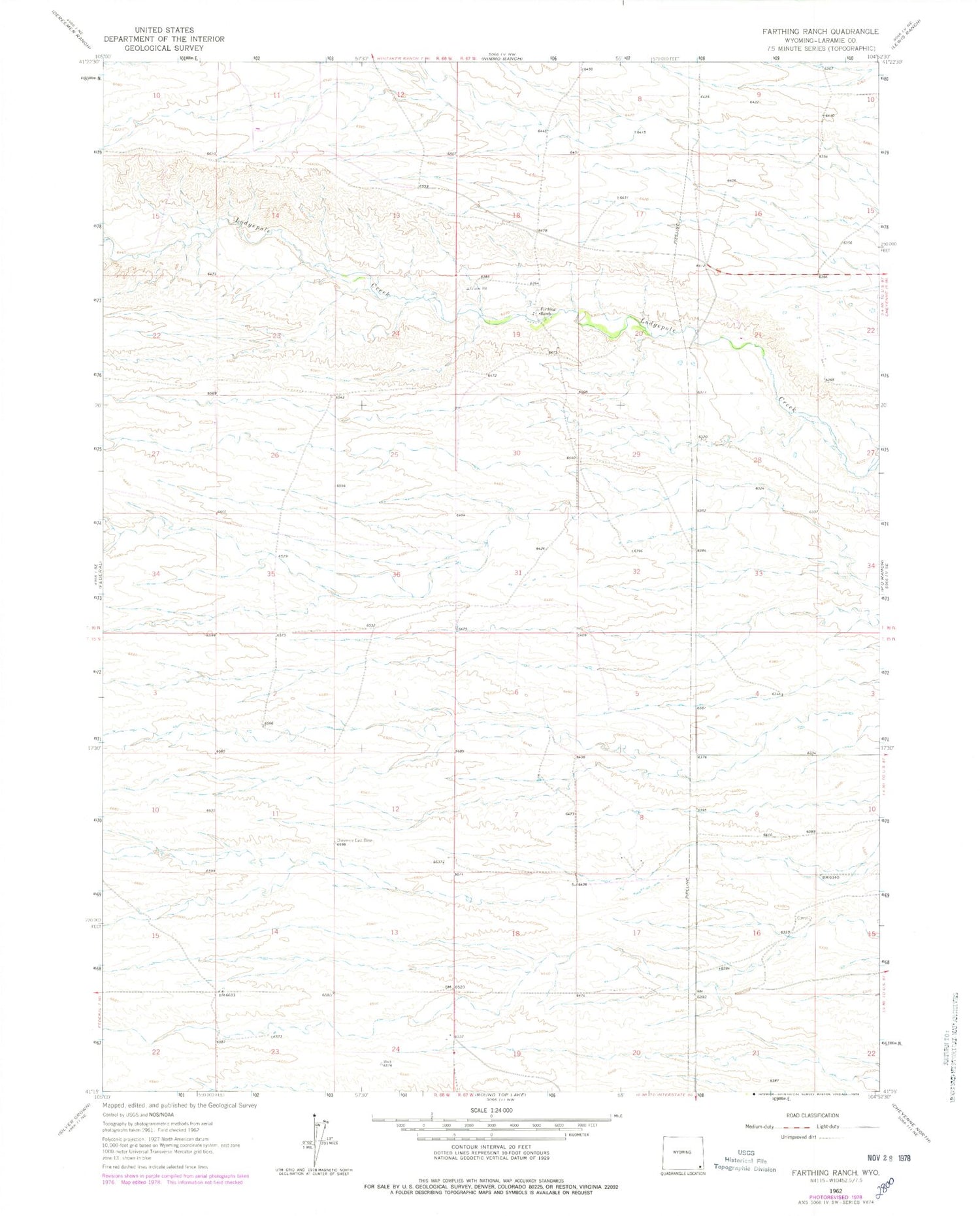 Classic USGS Farthing Ranch Wyoming 7.5'x7.5' Topo Map Image