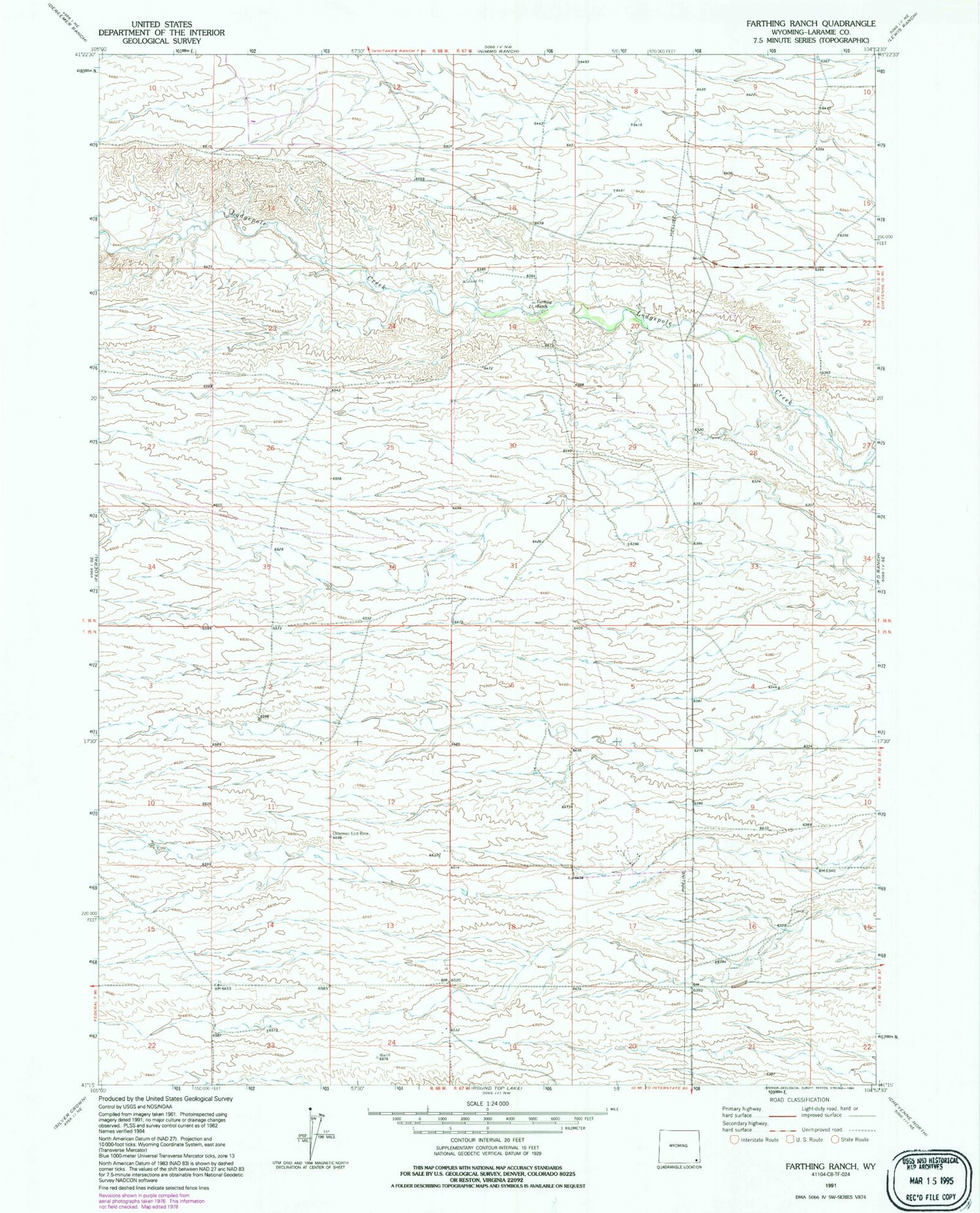 Classic USGS Farthing Ranch Wyoming 7.5'x7.5' Topo Map Image
