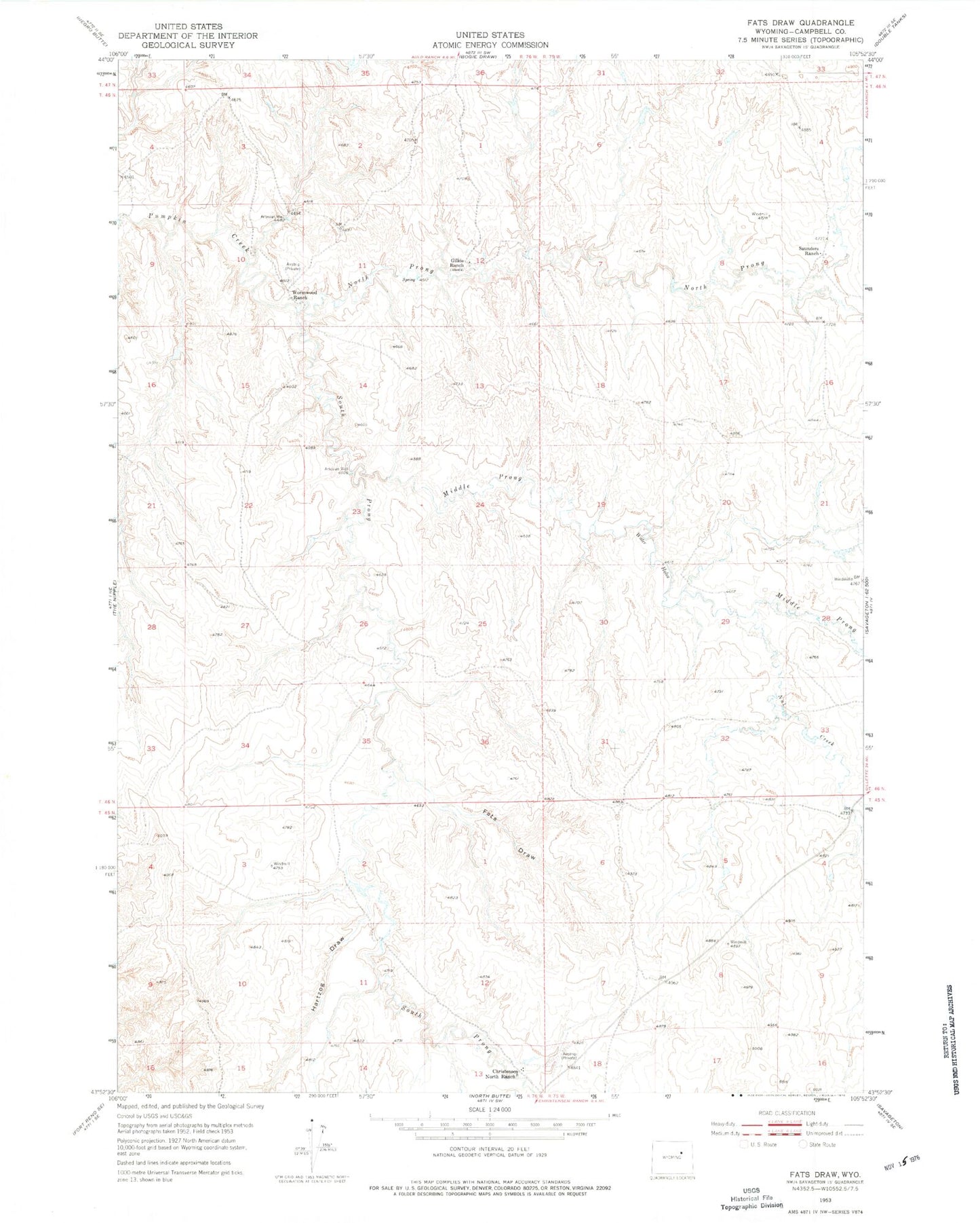 Classic USGS Fats Draw Wyoming 7.5'x7.5' Topo Map Image
