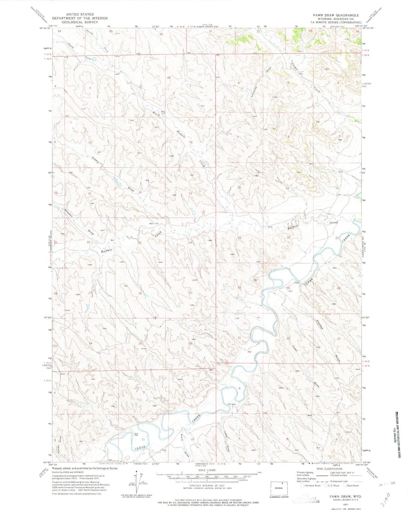 Classic USGS Fawn Draw Wyoming 7.5'x7.5' Topo Map Image
