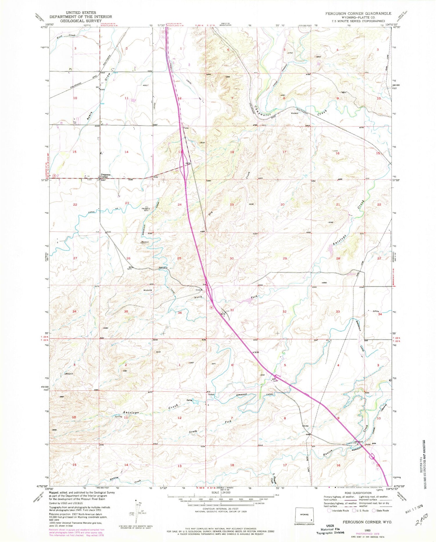 Classic USGS Ferguson Corner Wyoming 7.5'x7.5' Topo Map Image
