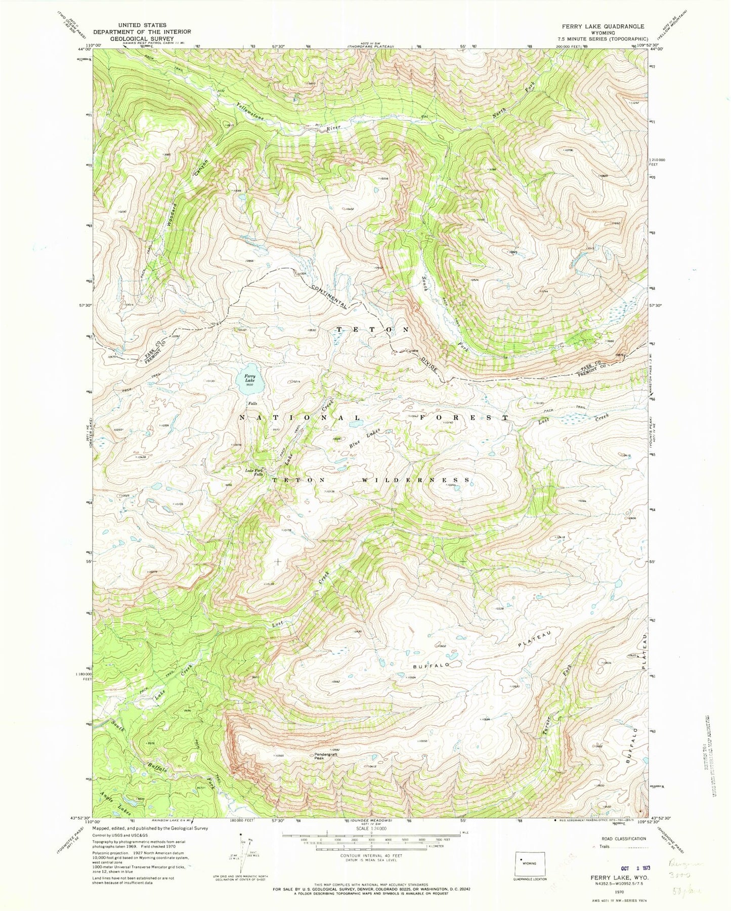 Classic USGS Ferry Lake Wyoming 7.5'x7.5' Topo Map Image