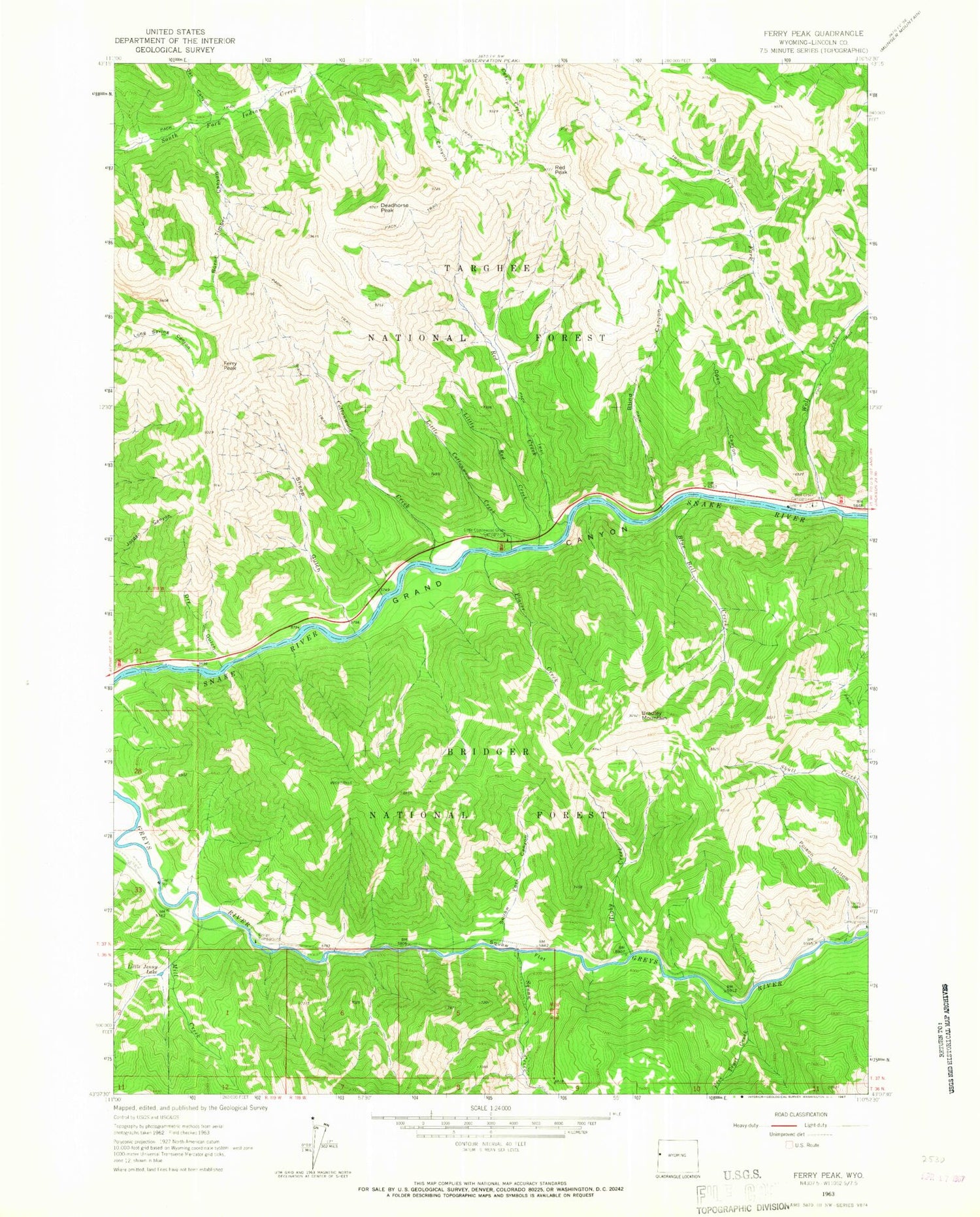 Classic USGS Ferry Peak Wyoming 7.5'x7.5' Topo Map Image