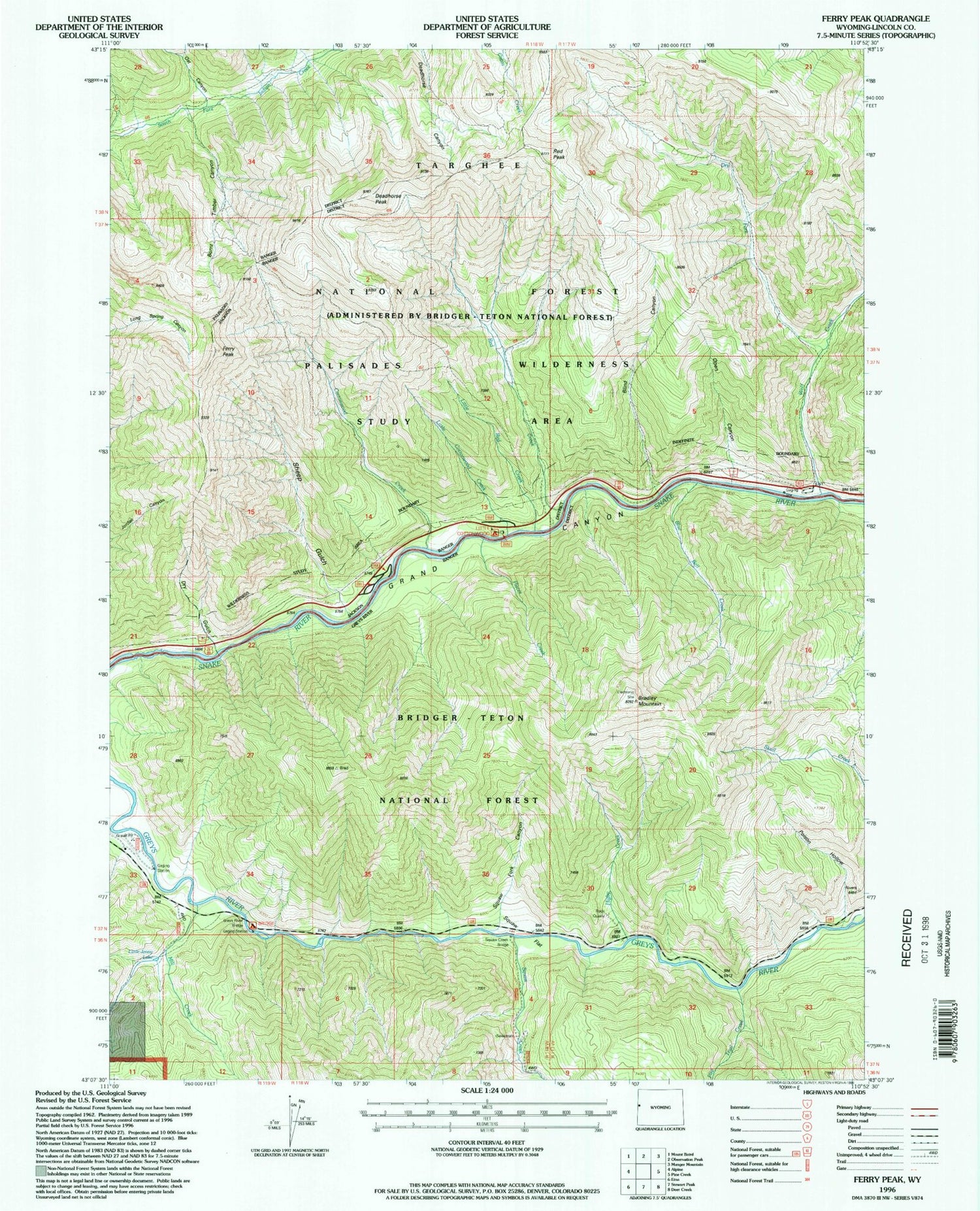 Classic USGS Ferry Peak Wyoming 7.5'x7.5' Topo Map Image