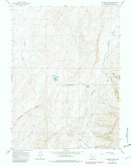 Classic USGS Fillmore Ranch Wyoming 7.5'x7.5' Topo Map Image