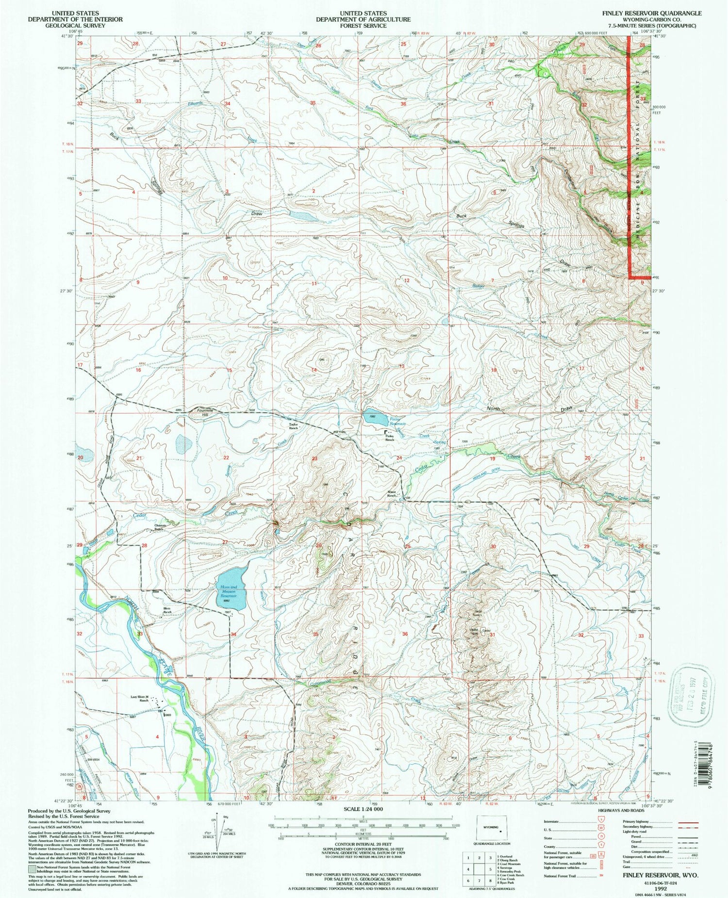 Classic USGS Finley Reservoir Wyoming 7.5'x7.5' Topo Map Image