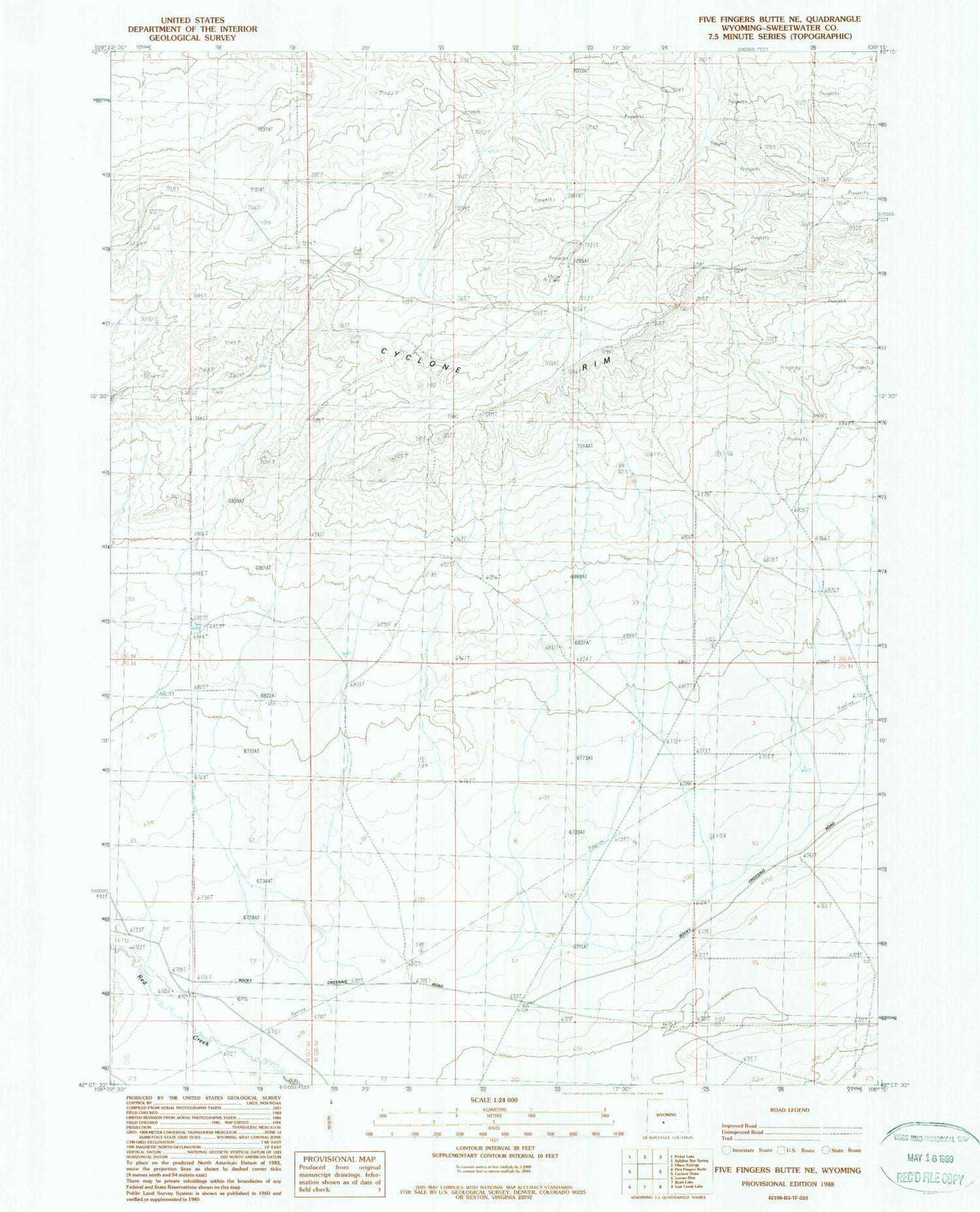 Classic USGS Five Fingers Butte NE Wyoming 7.5'x7.5' Topo Map Image