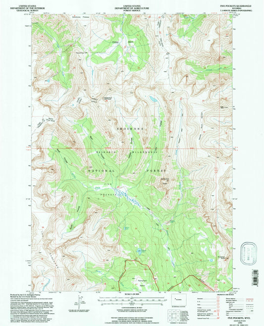 Classic USGS Five Pockets Wyoming 7.5'x7.5' Topo Map Image