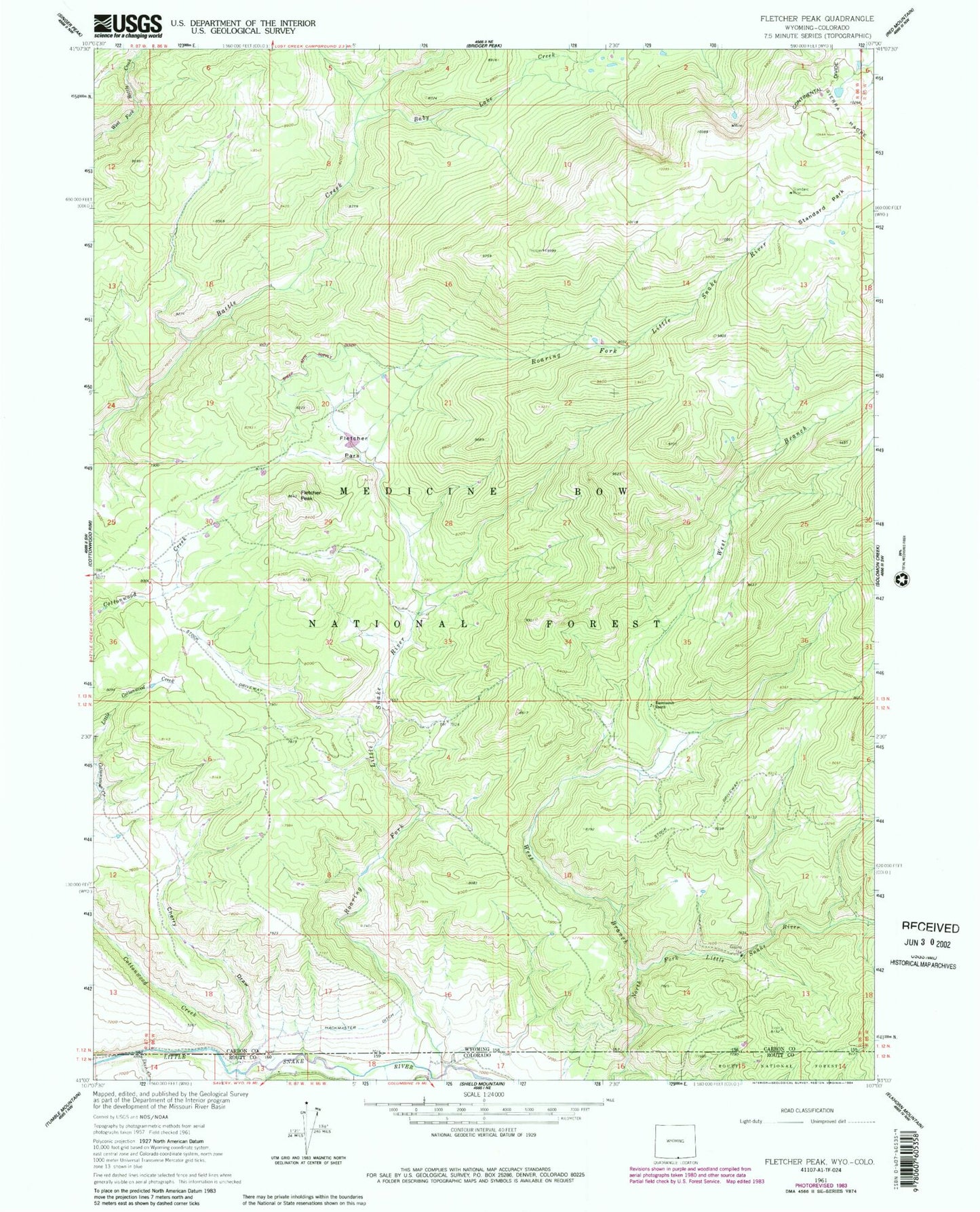 Classic USGS Fletcher Peak Wyoming 7.5'x7.5' Topo Map Image