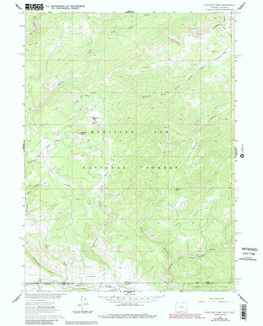 Classic USGS Fletcher Peak Wyoming 7.5'x7.5' Topo Map Image