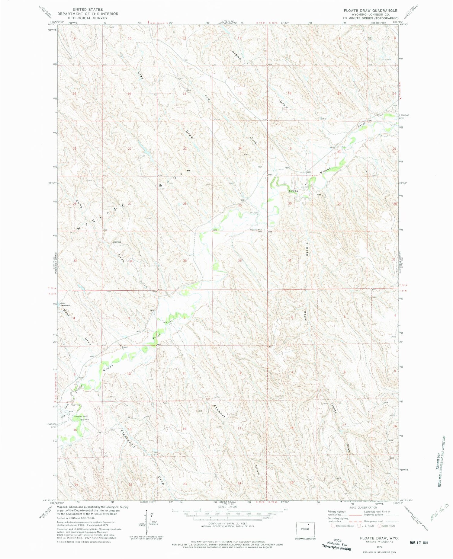 Classic USGS Floate Draw Wyoming 7.5'x7.5' Topo Map Image