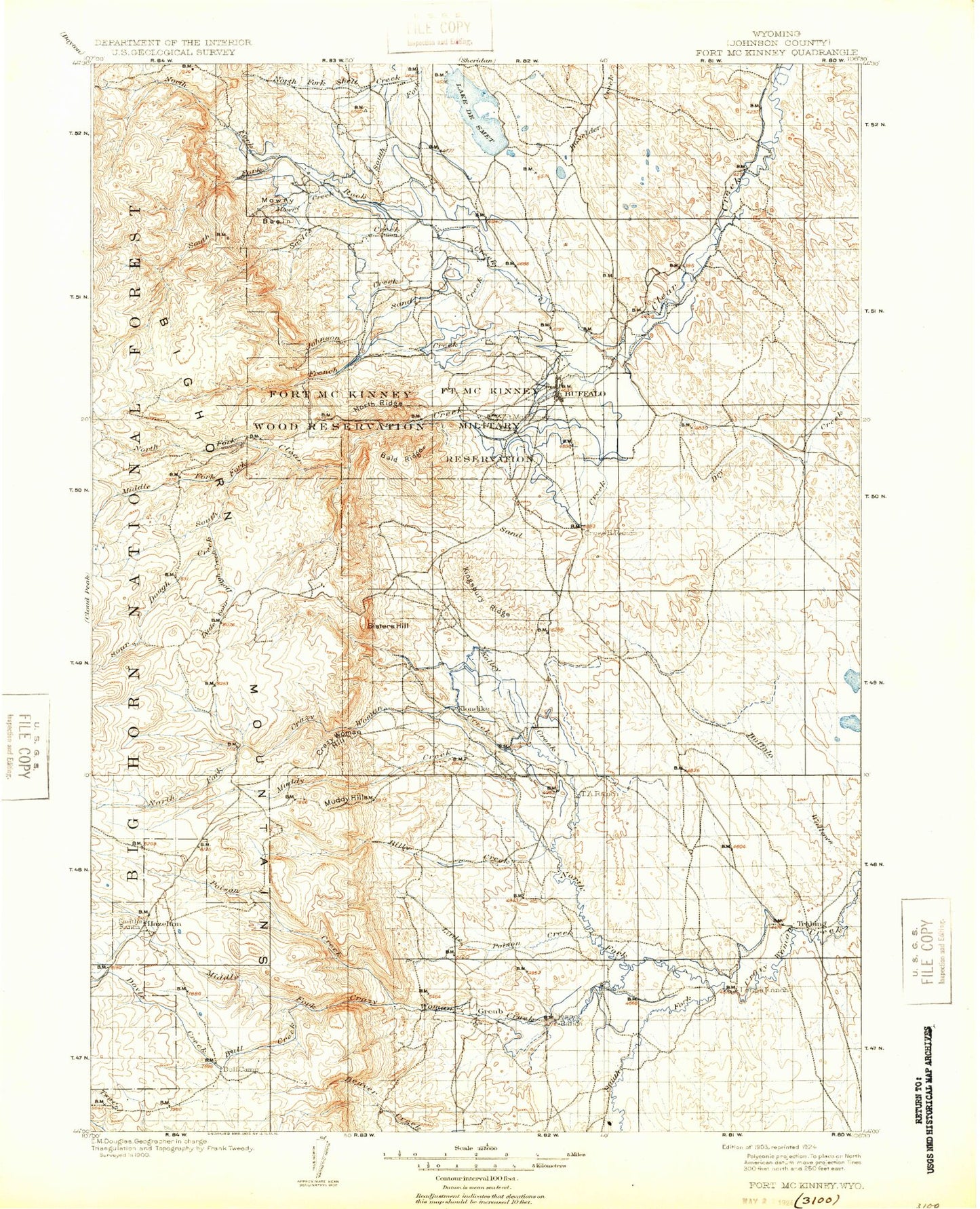 Historic 1903 Fort Mckinney Wyoming 30'x30' Topo Map Image
