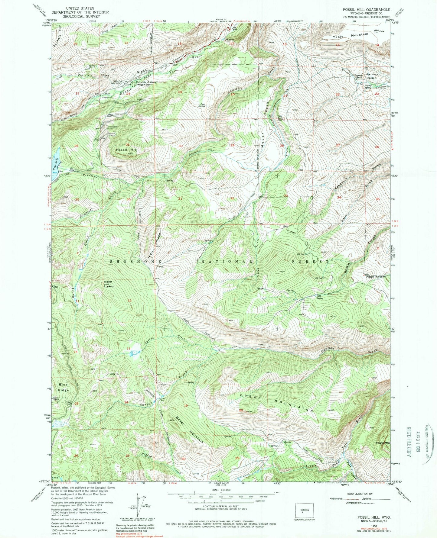 Classic USGS Fossil Hill Wyoming 7.5'x7.5' Topo Map Image