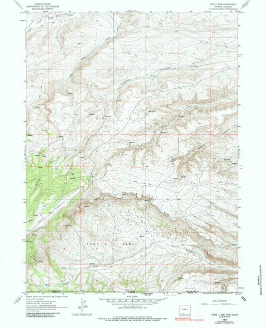 Classic USGS Four J Rim Wyoming 7.5'x7.5' Topo Map Image