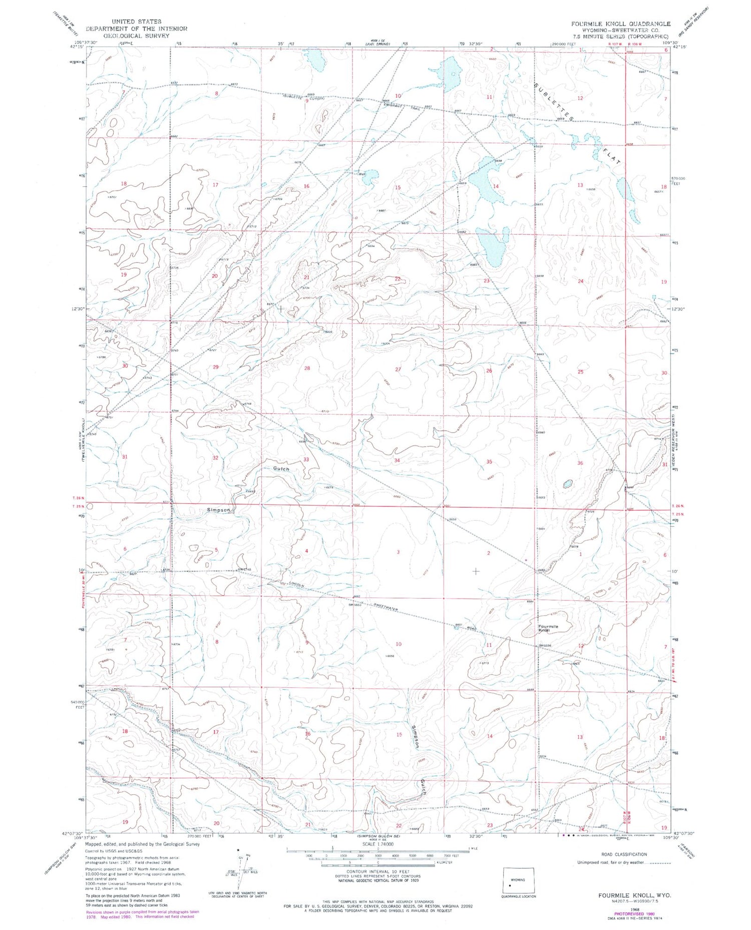 Classic USGS Fourmile Knoll Wyoming 7.5'x7.5' Topo Map Image
