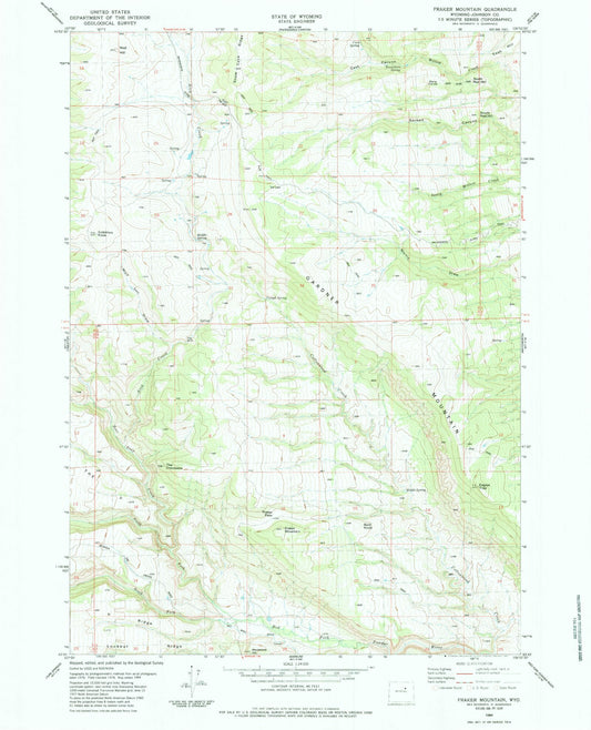 Classic USGS Fraker Mountain Wyoming 7.5'x7.5' Topo Map Image