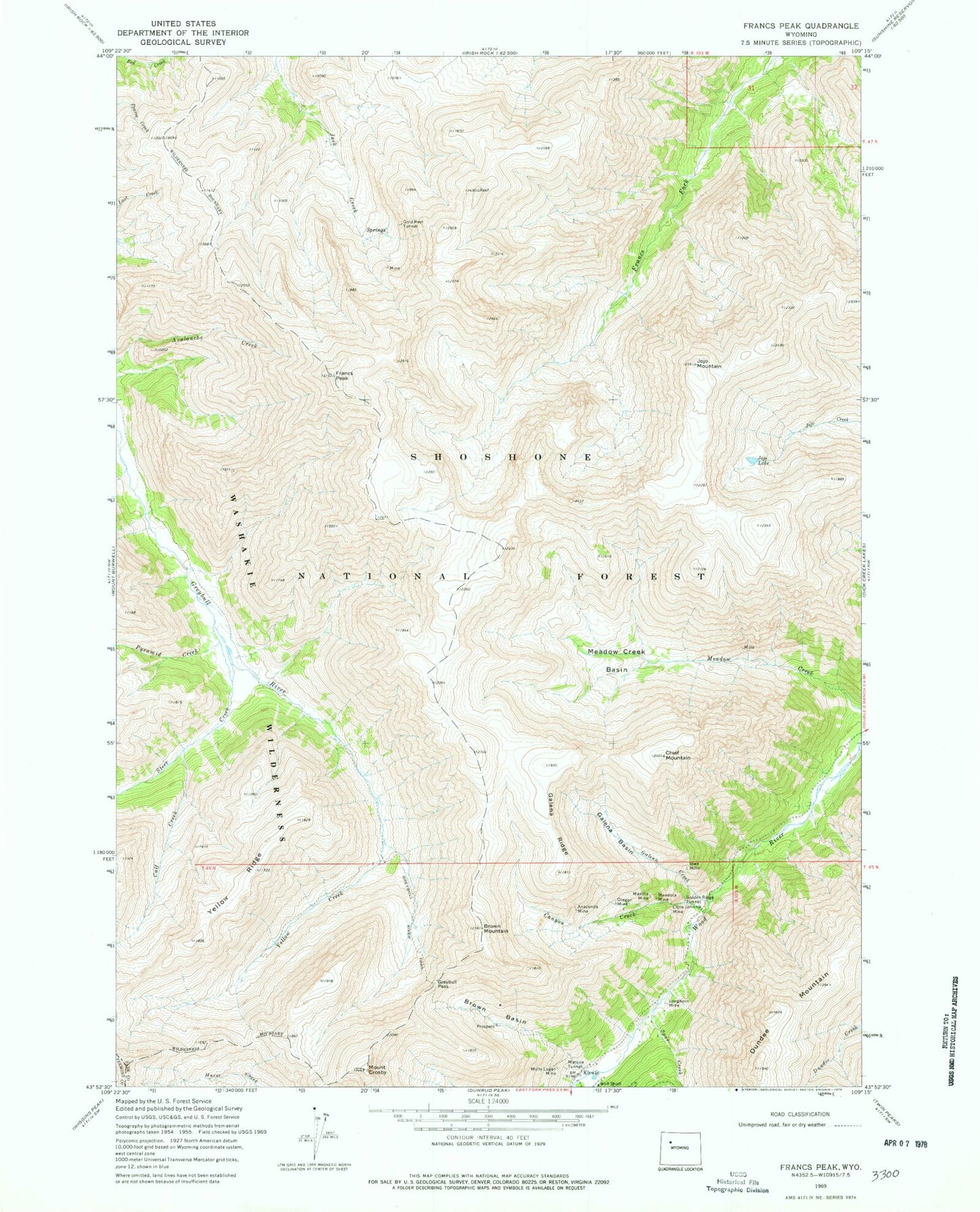 Classic USGS Francs Peak Wyoming 7.5'x7.5' Topo Map Image