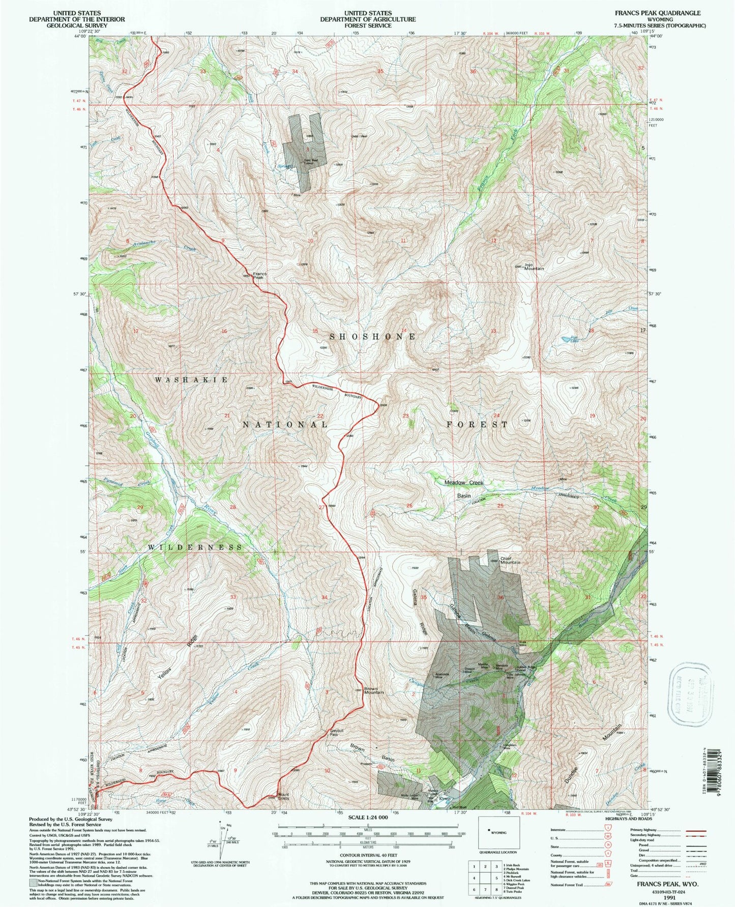 Classic USGS Francs Peak Wyoming 7.5'x7.5' Topo Map Image