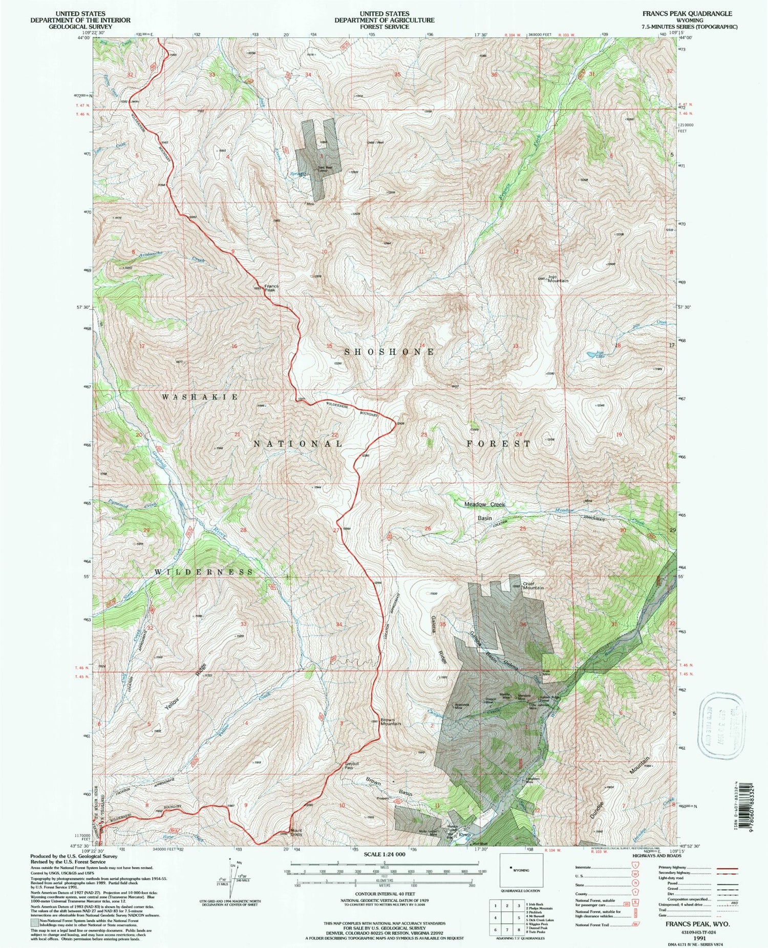 Classic USGS Francs Peak Wyoming 7.5'x7.5' Topo Map Image