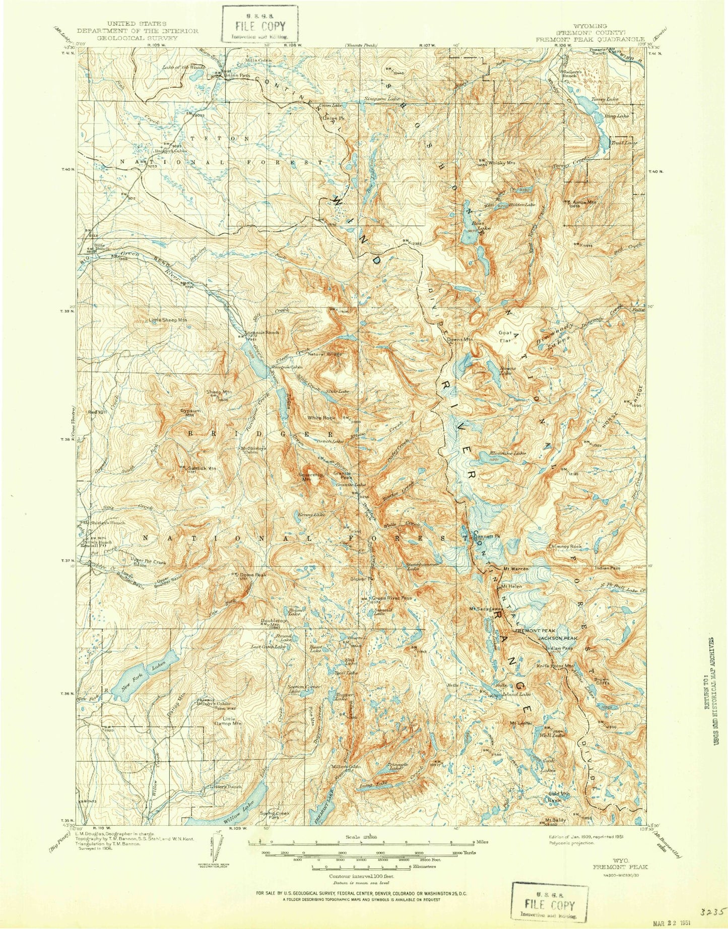 Historic 1909 Fremont Peak Wyoming 30'x30' Topo Map Image