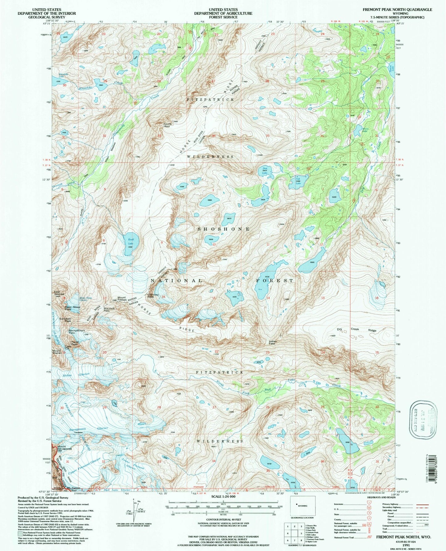 USGS Classic Fremont Peak North Wyoming 7.5'x7.5' Topo Map Image