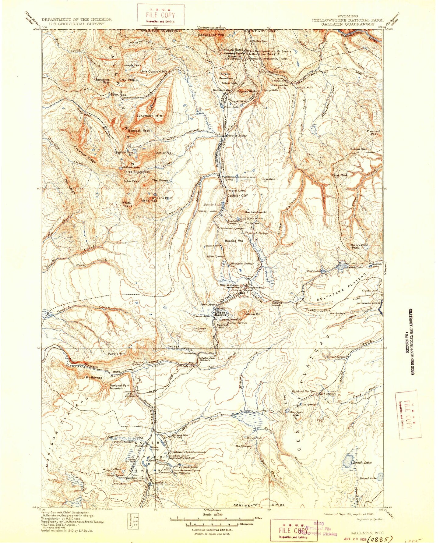Historic 1911 Gallatin Wyoming 30'x30' Topo Map Image