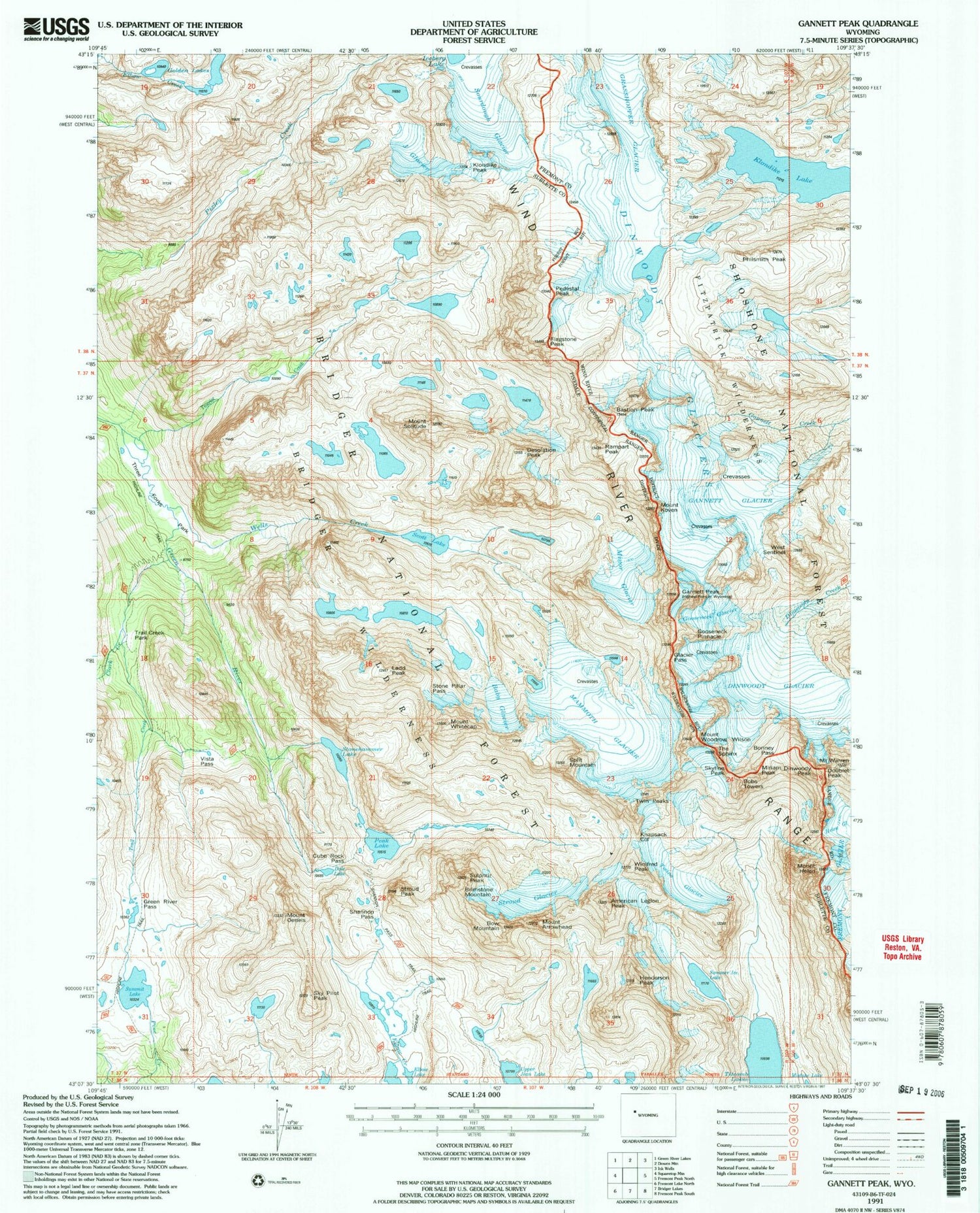 USGS Classic Gannett Peak Wyoming 7.5'x7.5' Topo Map Image