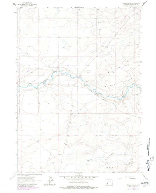 Classic USGS Gasson Bridge Wyoming 7.5'x7.5' Topo Map Image