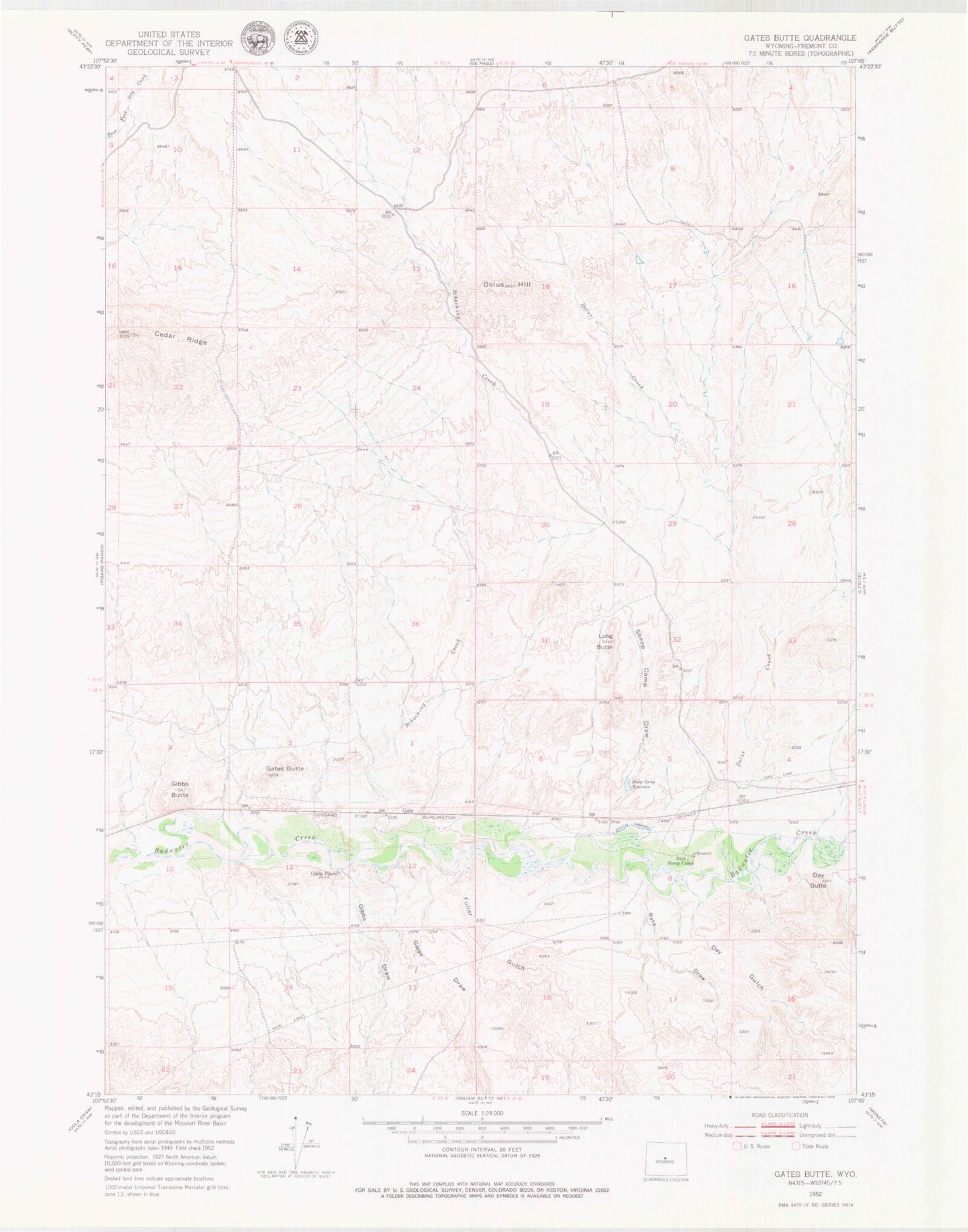 Classic USGS Gates Butte Wyoming 7.5'x7.5' Topo Map Image