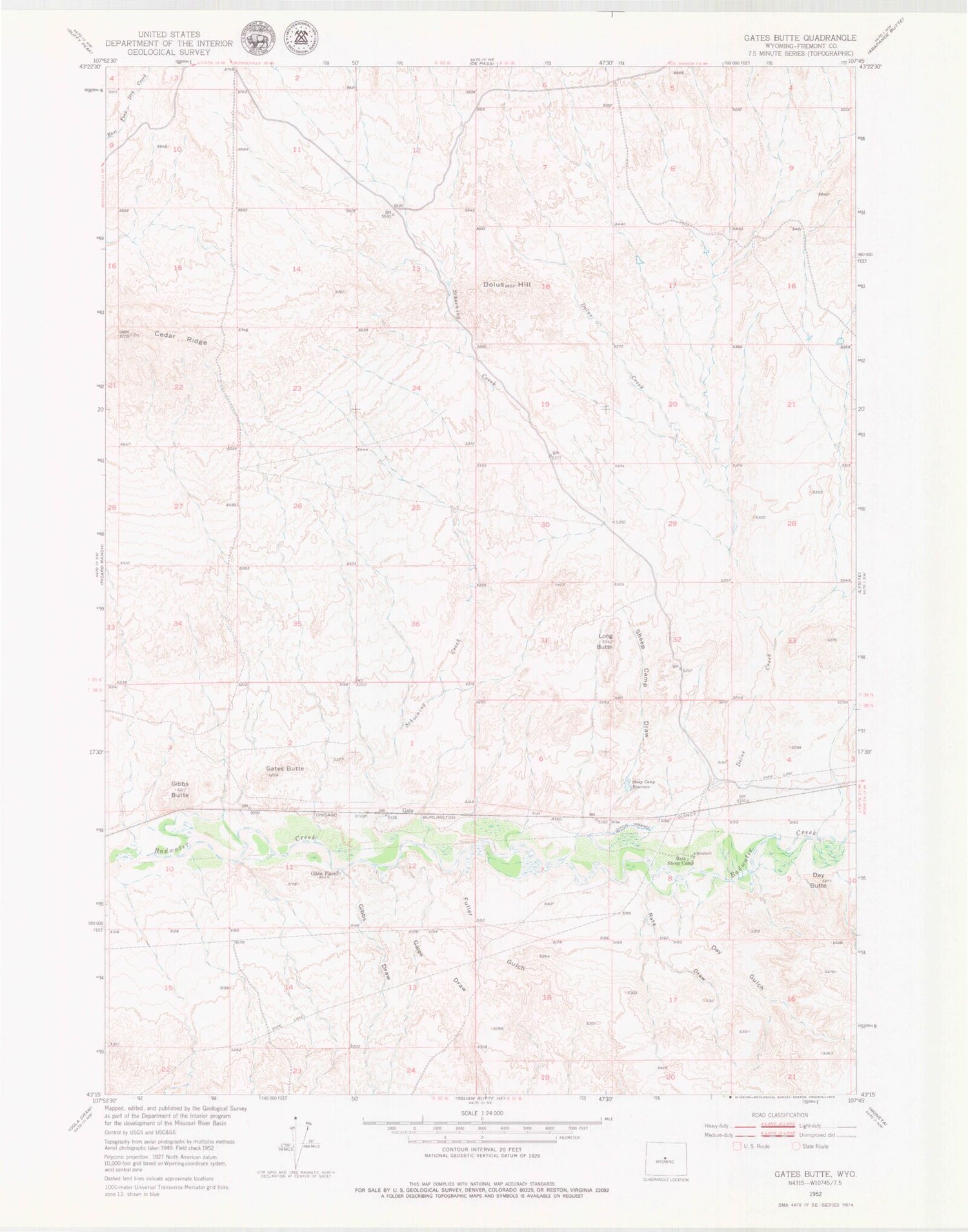 Classic USGS Gates Butte Wyoming 7.5'x7.5' Topo Map Image