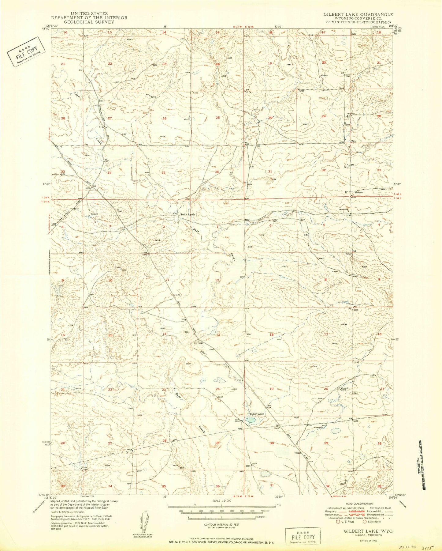 Classic USGS Gilbert Lake Wyoming 7.5'x7.5' Topo Map Image