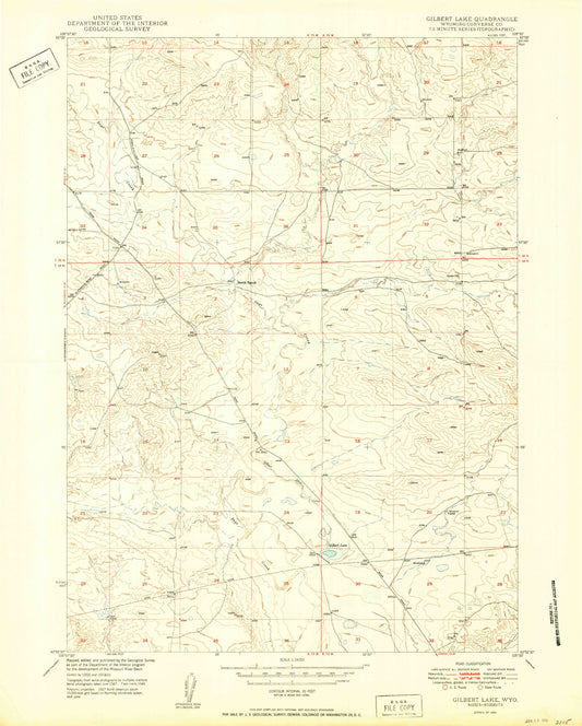 Classic USGS Gilbert Lake Wyoming 7.5'x7.5' Topo Map Image