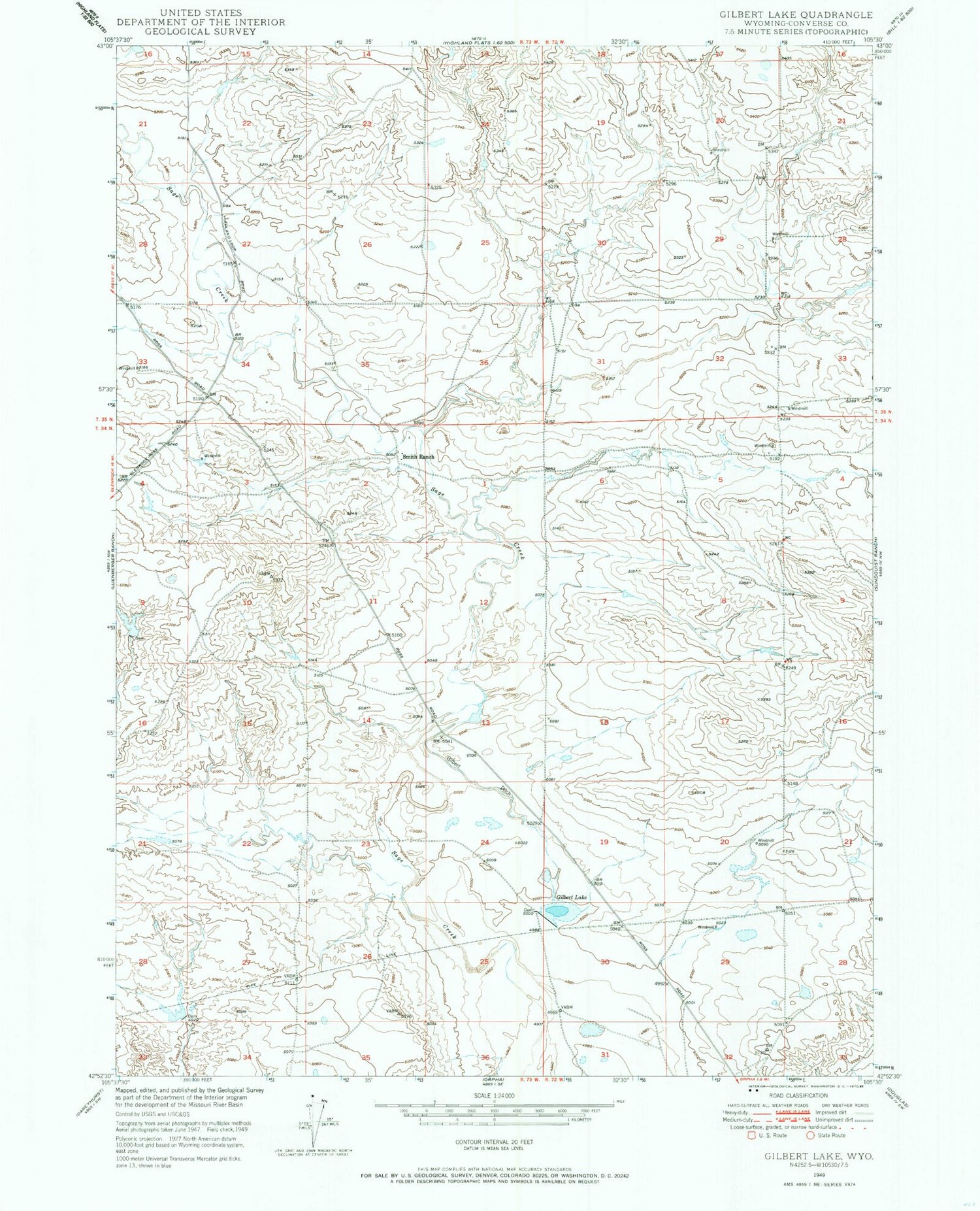 Classic USGS Gilbert Lake Wyoming 7.5'x7.5' Topo Map Image