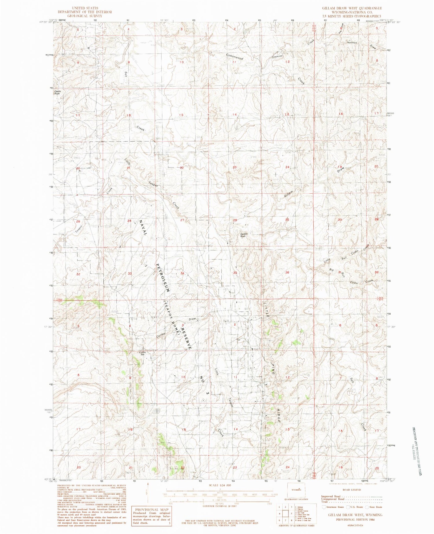 Classic USGS Gillam Draw West Wyoming 7.5'x7.5' Topo Map Image