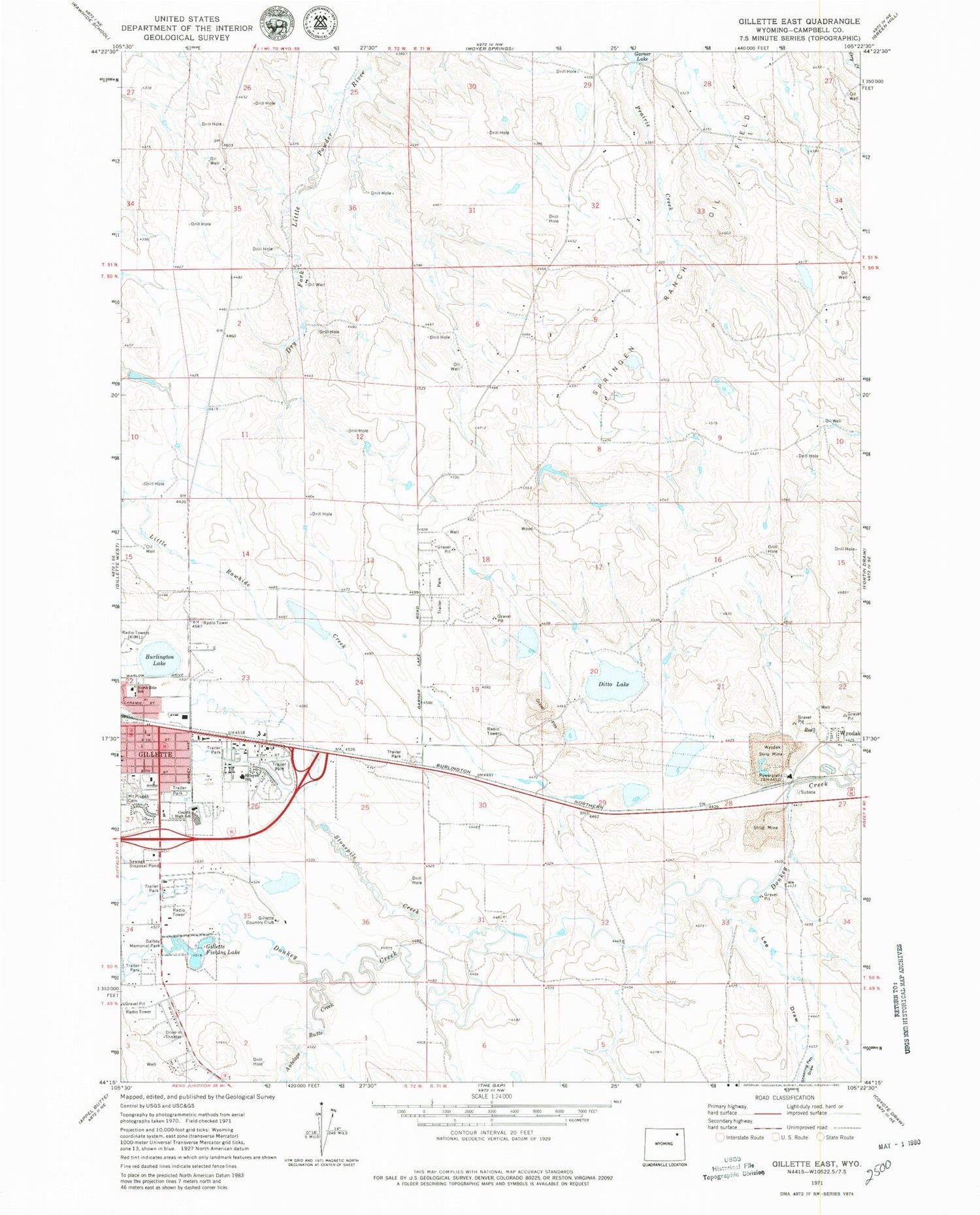 Classic USGS Gillette East Wyoming 7.5'x7.5' Topo Map Image