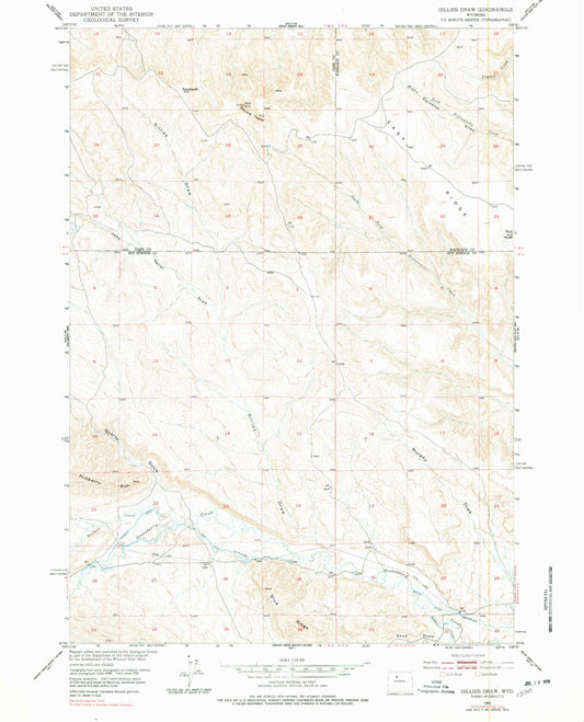 Classic USGS Gillies Draw Wyoming 7.5'x7.5' Topo Map Image