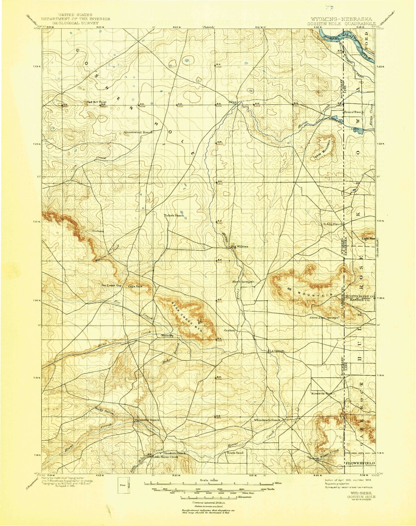 Historic 1899 Goshen Hole Wyoming 30'x30' Topo Map Image
