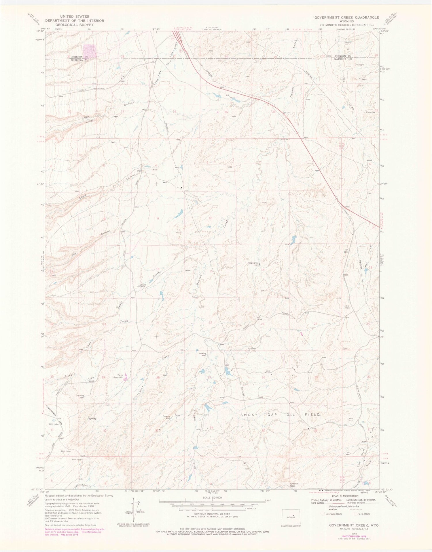 Classic USGS Government Creek Wyoming 7.5'x7.5' Topo Map Image