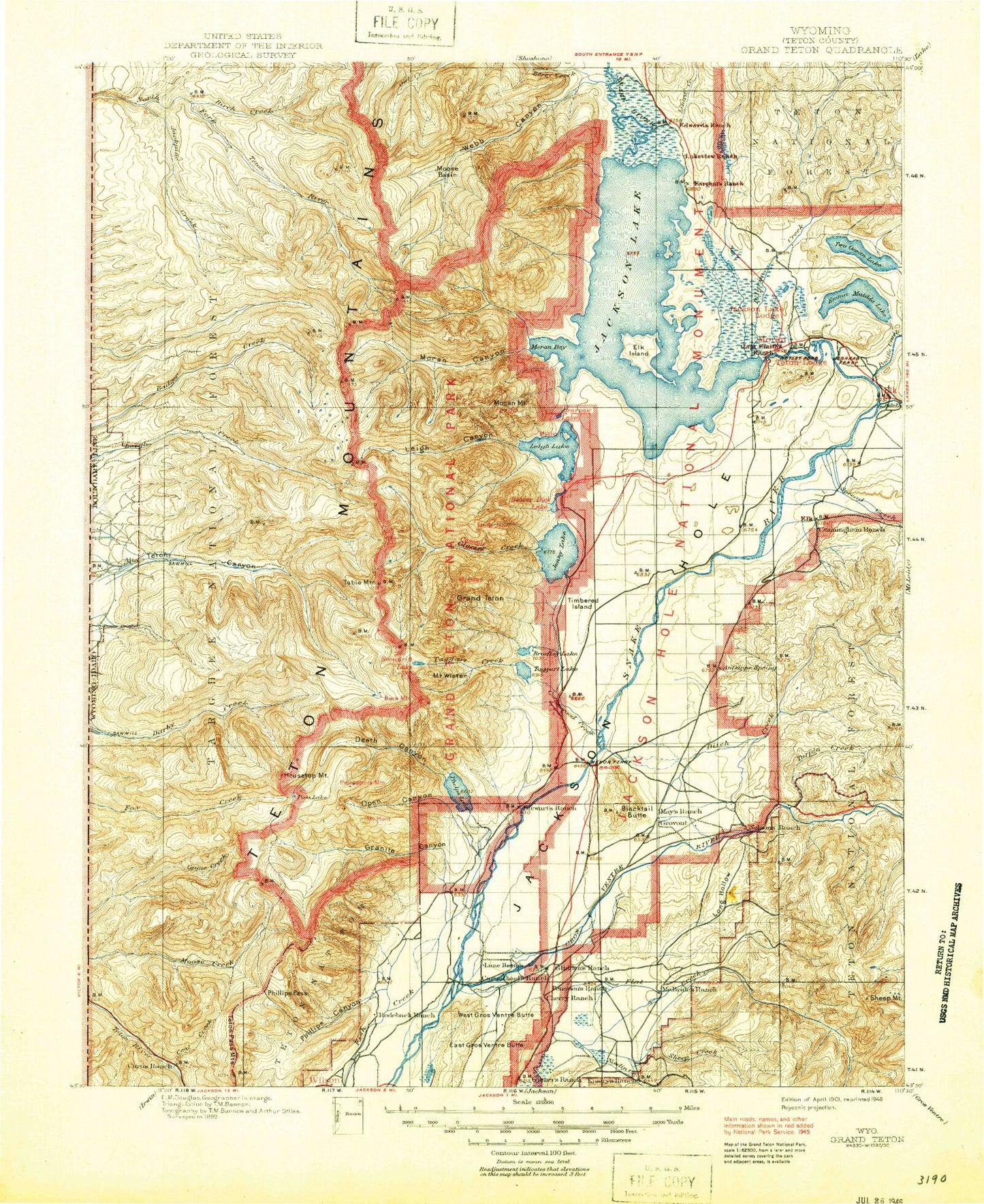 Historic 1901 Grand Teton Wyoming 30'x30' Topo Map Image