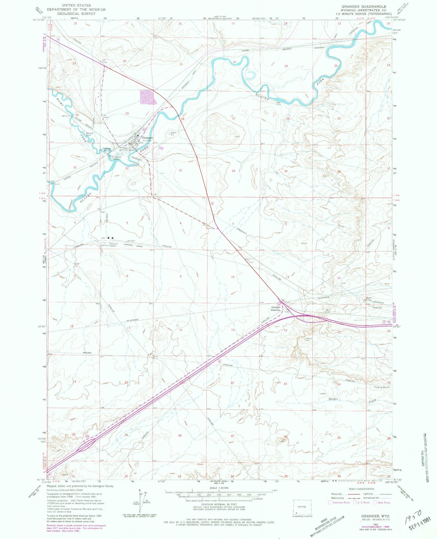 Classic USGS Granger Wyoming 7.5'x7.5' Topo Map Image