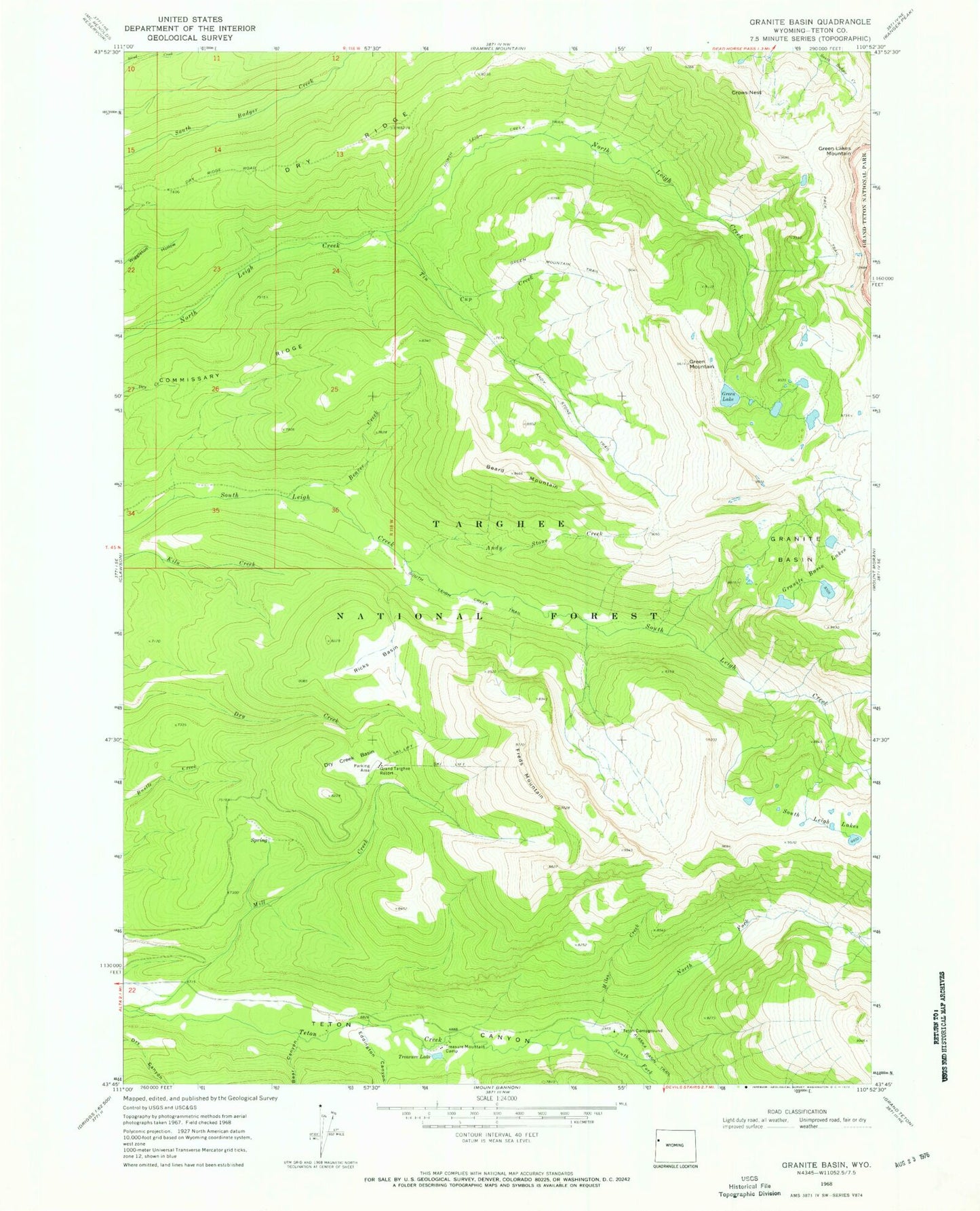 Classic USGS Granite Basin Wyoming 7.5'x7.5' Topo Map Image
