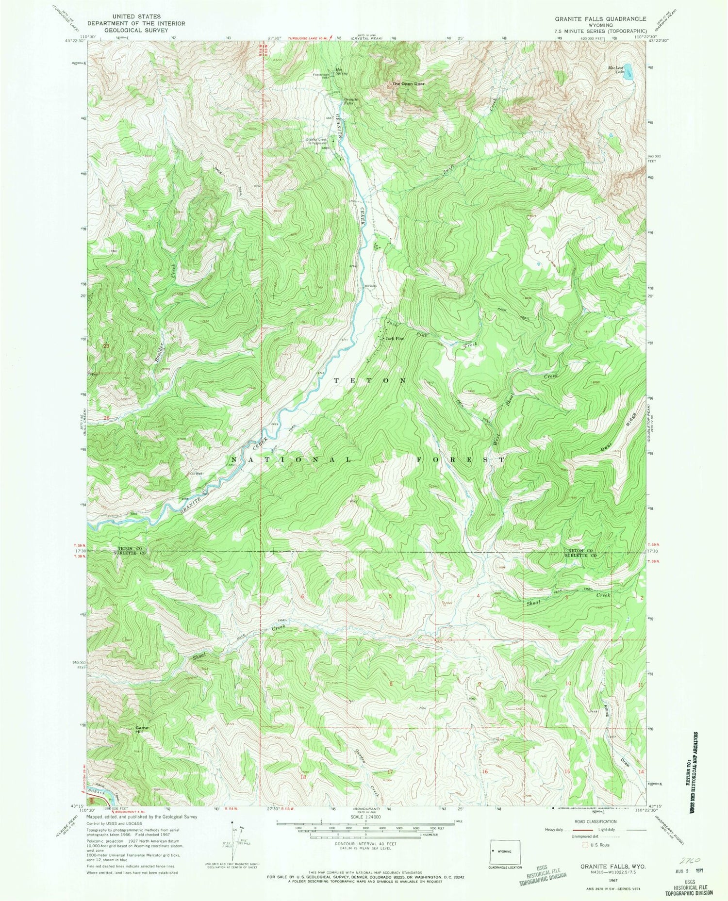 Classic USGS Granite Falls Wyoming 7.5'x7.5' Topo Map Image
